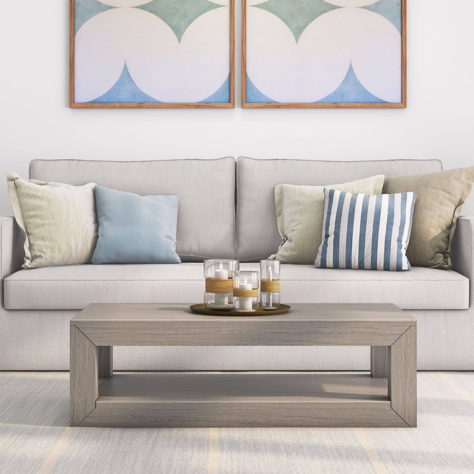 Alt View 1. Plank+Beam - Modern Rectangular Coffee Table with Bottom Shelf (48in x 24in / 1220mm x 610mm), Seashell Wirebrush - Seashell Wirebrush.