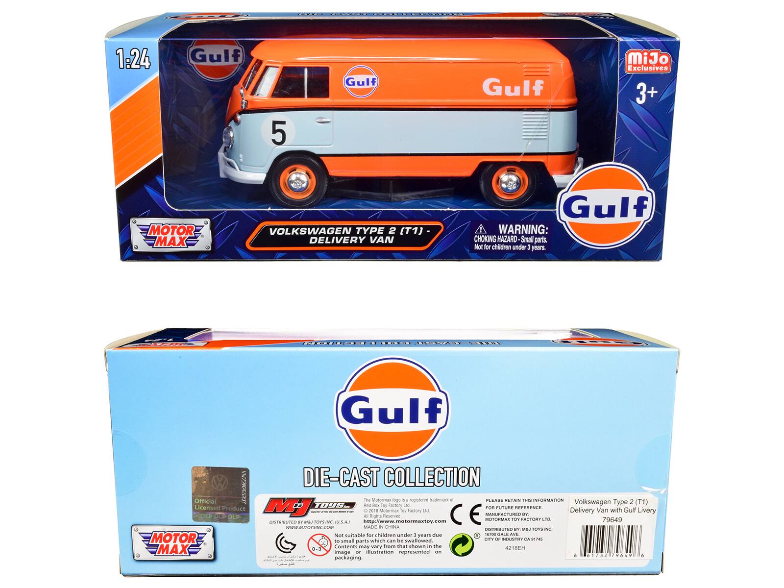 1:24 Gulf 5 Gulf Gulf MiJo Exclusives 3+ MOTOR MAX VOLKSWAGEN TYPE 2 (T1)- DELIVERY VAN Gulf WARNING: CHOKING HAZARD Small parts. Not for children under 3 years. PRDaE TEICEE HA SES Gulf ZIG DIE-CAST COLLECTION Official IN Motarman lege a registered trademark of E LASE RETAN TRES INFORMATION Volkswagen Type 2 (T1) MJ 109SE Roz dn tos Pactury LM Licensed Product FOR PUTURE SETERENCE Van with Gulf - 2018 utormax Toy Factory 1 Delivery Livery A ANUTALTUREU OF Rgits Reserved MOTURMLS FOT FACTORY TB 79649 UISTNRUTED Y MIL TOrS NC UL.A ttgolwww. ww.mstarmastay.c WWW.MUTOVSINIC.COM MACH N Crena STRIBUTED T Lese rOPS P Not suitable for children under 3 years due to small parts which can be swallowed. Contents may vary from that shown in the illustration represented on packaging.