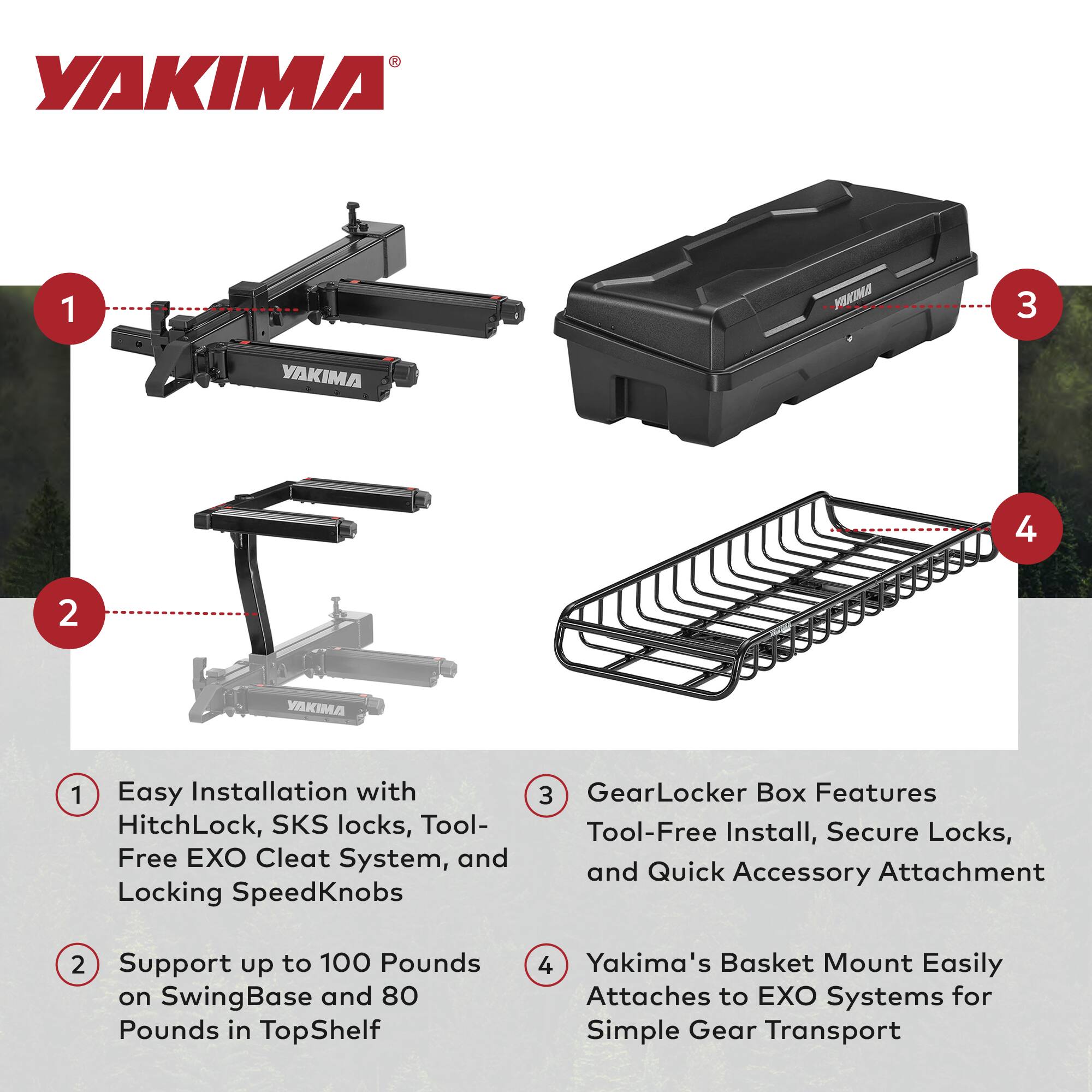 YAKIMA

1. Easy Installation with HitchLock, SKS locks, Tool-Free EXO Cleat System, and Locking SpeedKnobs
2. Support up to 100 Pounds on SwingBase and 80 Pounds in TopShelf
3. GearLocker Box Features Tool-Free Install, Secure Locks, and Quick Accessory Attachment
4. Yakima's Basket Mount Easily Attaches to EXO Systems for Simple Gear Transport