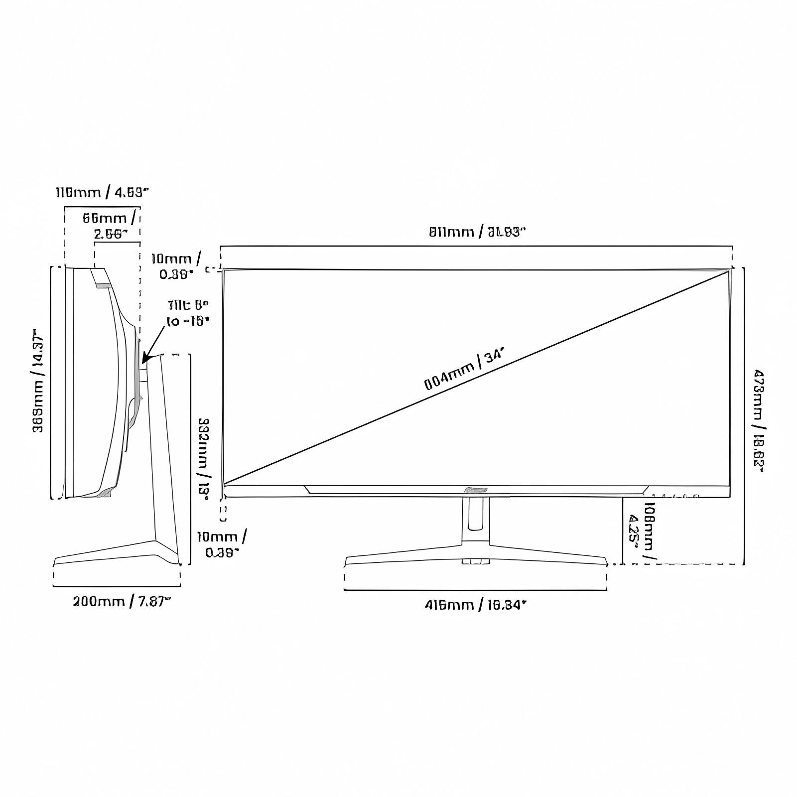 116mm / 4.63"  
66mm / 2.66"  
10mm / 0.39"  
Tilt: 8° 10-15°  
388mm / 15.27"  
811mm / 31.89"  
3404mm / 134"  
415mm / 16.34"  
200mm / 7.87"  
10mm / 0.39"  
425mm / 16.73"  
108mm / 4.25"