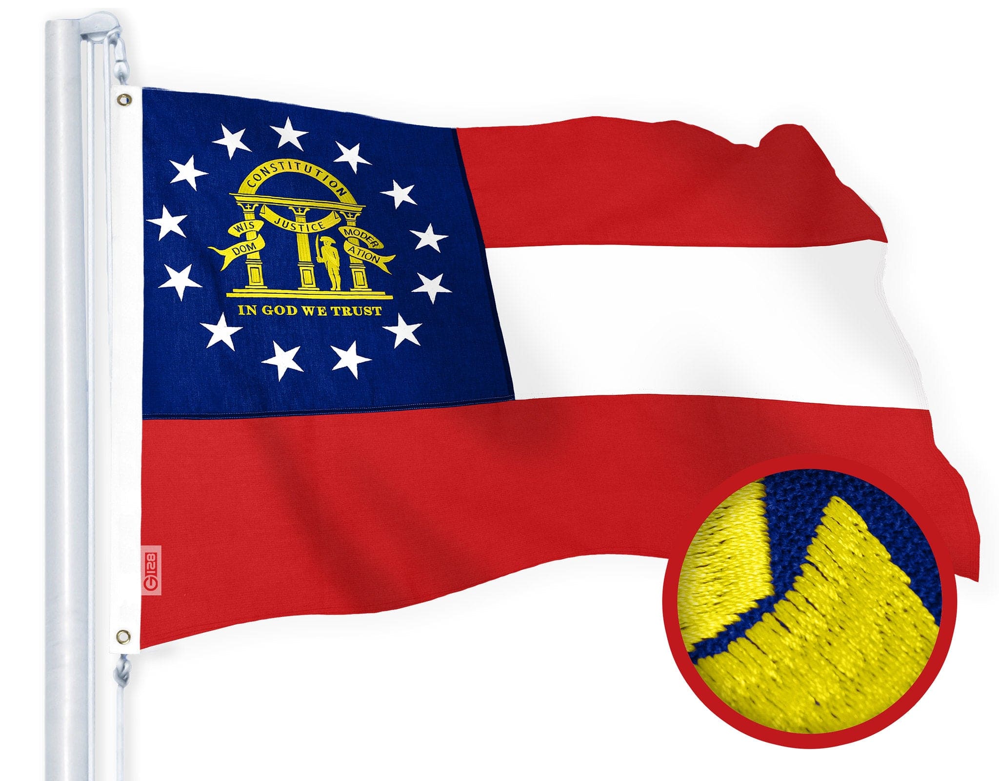 G128 - Georgia State Flag — 1 x 1.5 ft Embroidered 220GSM Spun Polyester with Brass Grommets - Assorted Colors