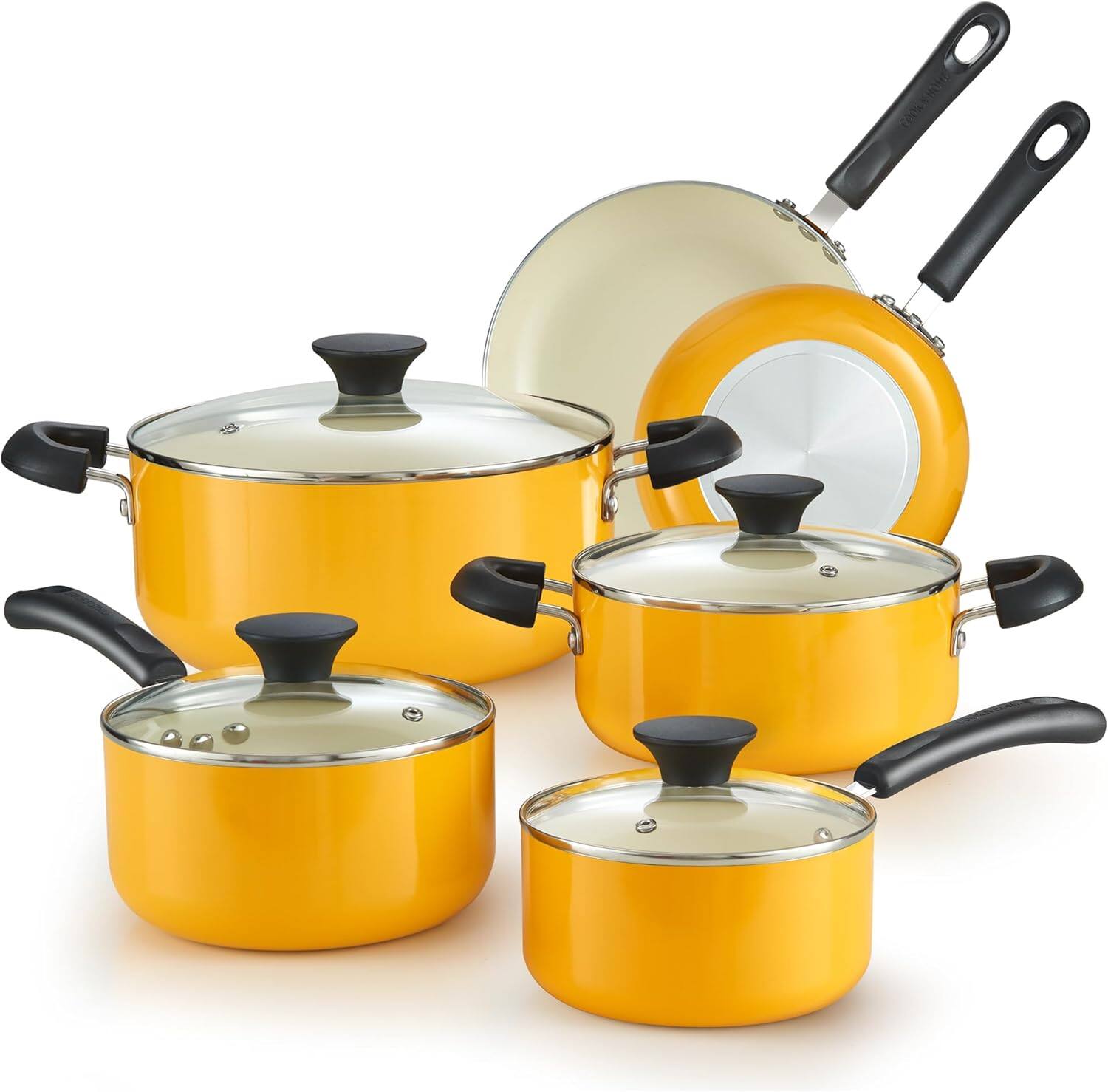 Front. Cook N Home - 10-Pc Ceramic Kitchen Cookware Sets, Nonstick Cooking Set with Saucepans, Frying Pans, Dutch Oven Pot with Lids, Yellow - yellow.