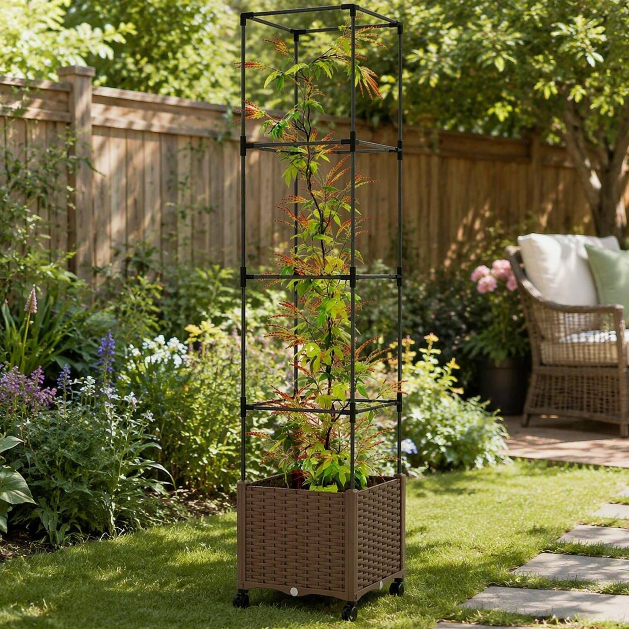 Alt View 2. RYHNUYNE - Mobile Raised Garden Bed with Adjustable Trellis and Self-Watering Planter Box on Wheels, 15.7 by 15.7 by 71.7 - Brown.