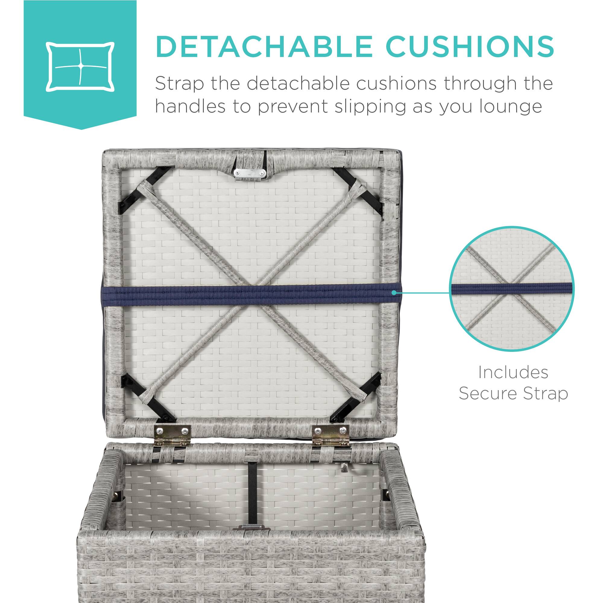 DETACHABLE CUSHIONS  
Strap the detachable cushions through the handles to prevent slipping as you lounge  

Includes Secure Strap