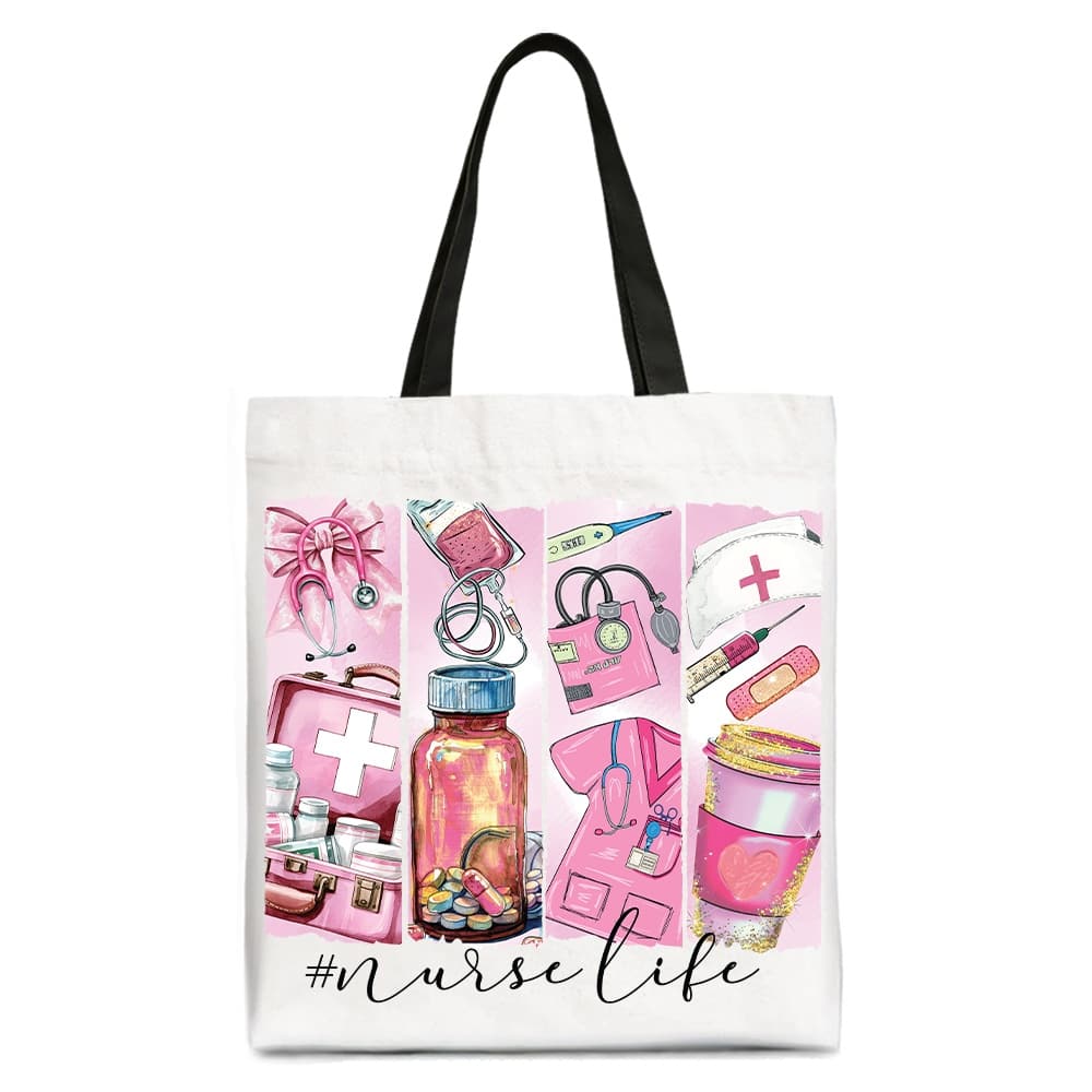OrnamentallyYou - Nurse Life Canvas Tote Bag, Medical Essentials Gift Bag for Coquette Nurses - White Black