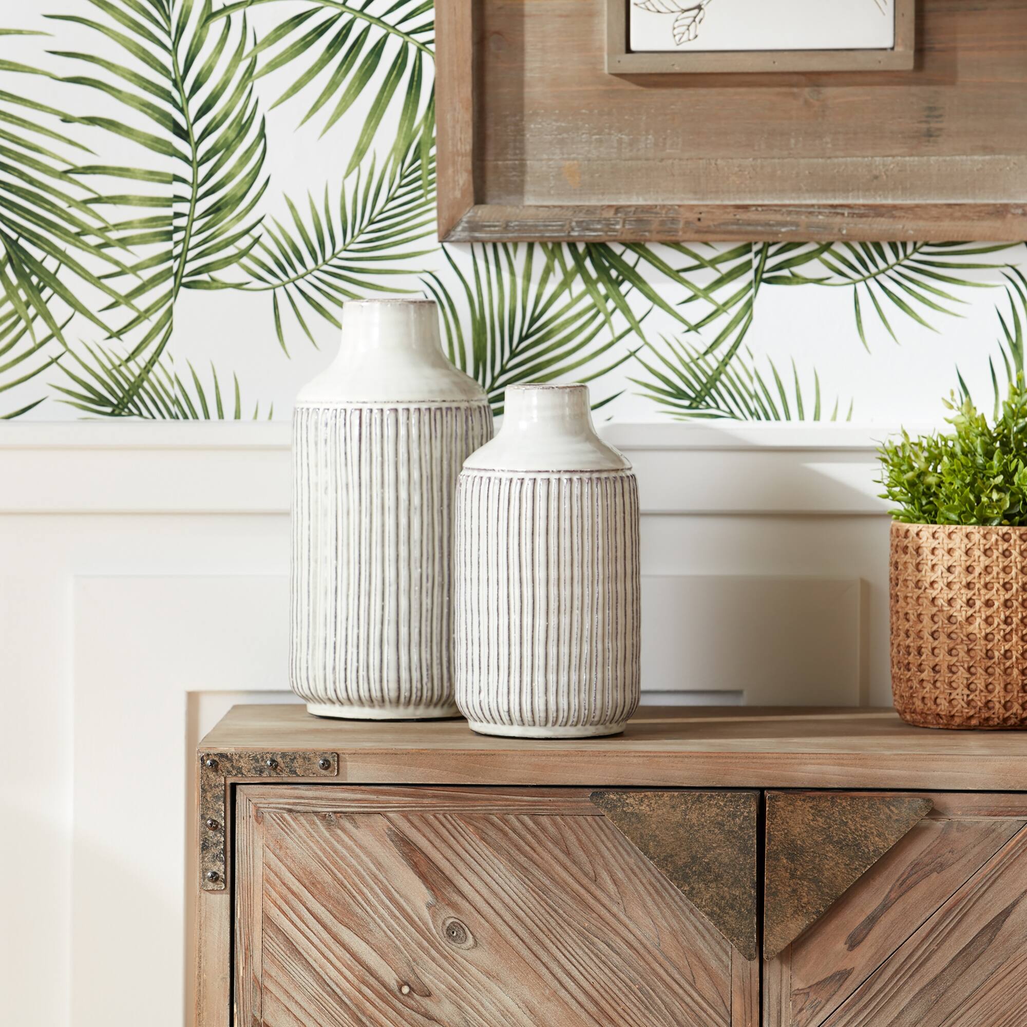 Angle. BreeBe - Rustic Ribbed Terra Cotta Vase 12.25"H - Beige, Brown.