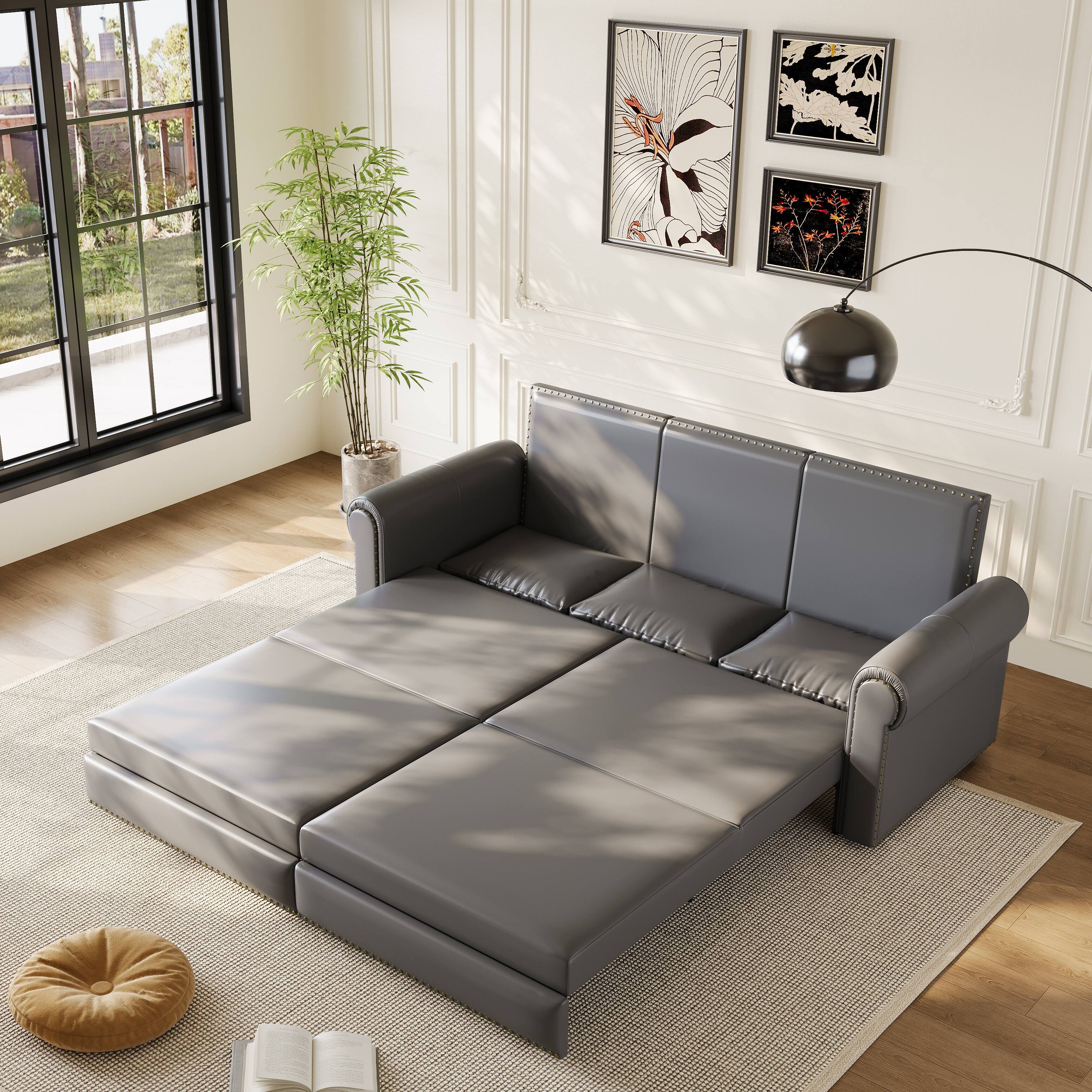 Left. Anysun - 93.7" 3-in-1 Faux Leather Convertible Sofa Bed - King Pull-Out Sleeper, Nailhead Trim & Rolled Arms for Living Room - Gray.