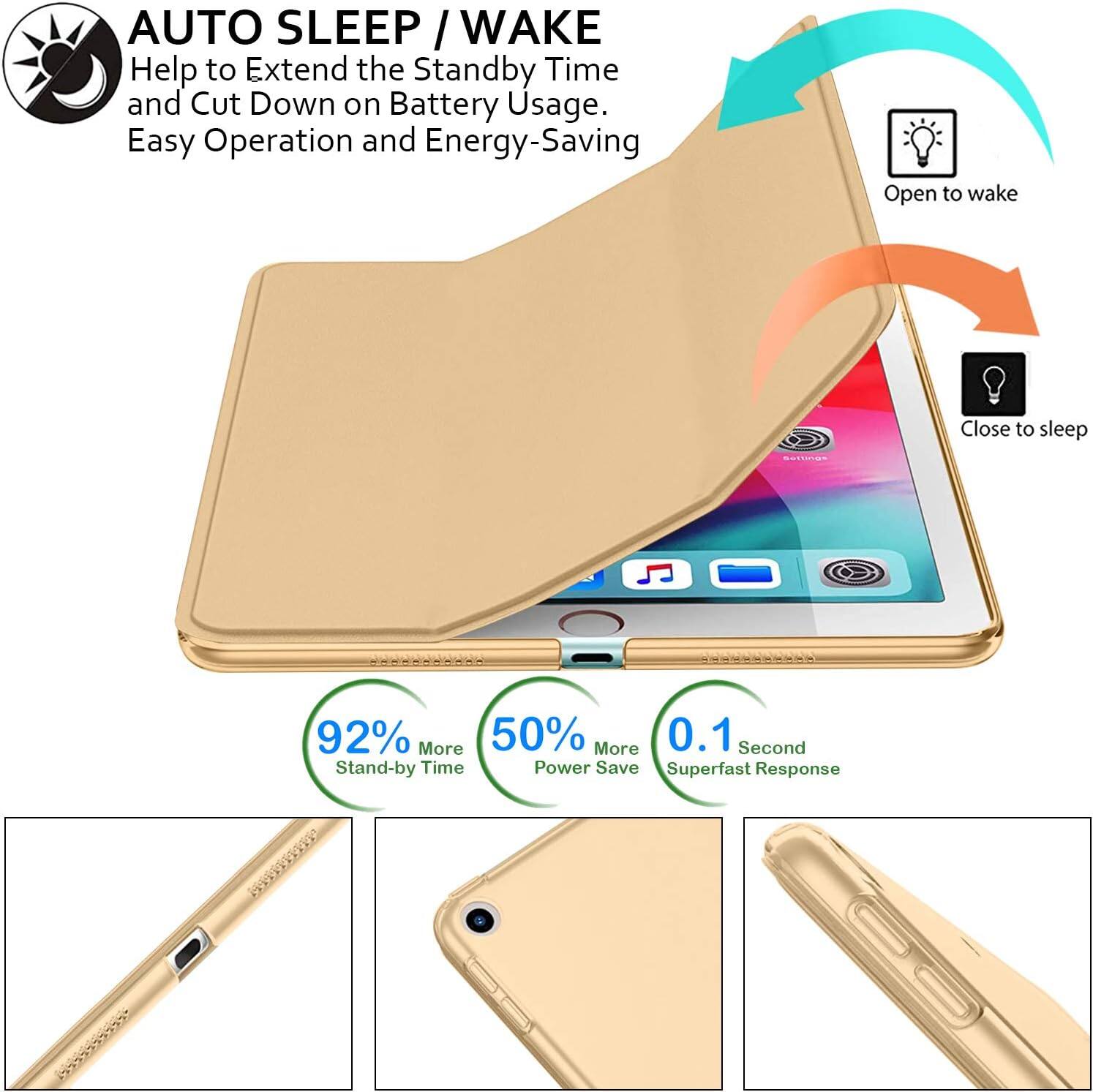 AUTO SLEEP / WAKE  
Help to Extend the Standby Time and Cut Down on Battery Usage.  
Easy Operation and Energy-Saving  

Open to wake  
Close to sleep  

92% More Stand-by Time  
50% More Power Save  
0.1 Second Superfast Response