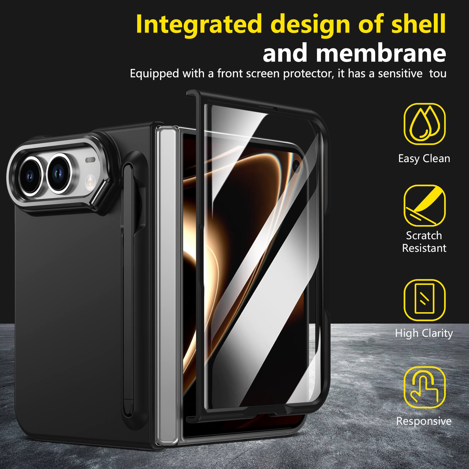 Integrated design of shell and membrane  
Equipped with a front screen protector, it has a sensitive touch.  

Easy Clean  
Scratch Resistant  
High Clarity  
Responsive