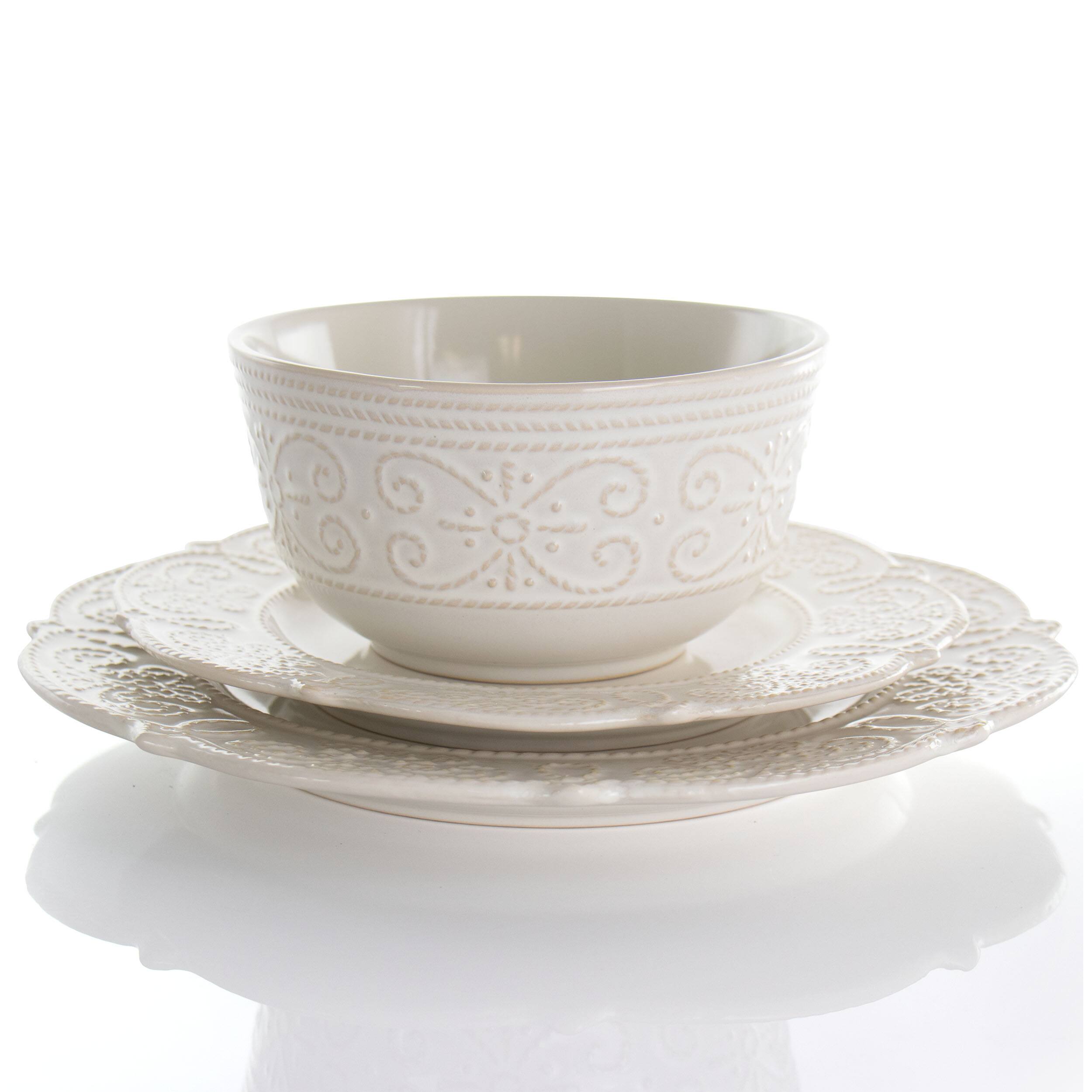Alt View 1. Elama - Elama Luna 16 Piece Embossed Scalloped Stoneware Dinnerware Set in White - White.
