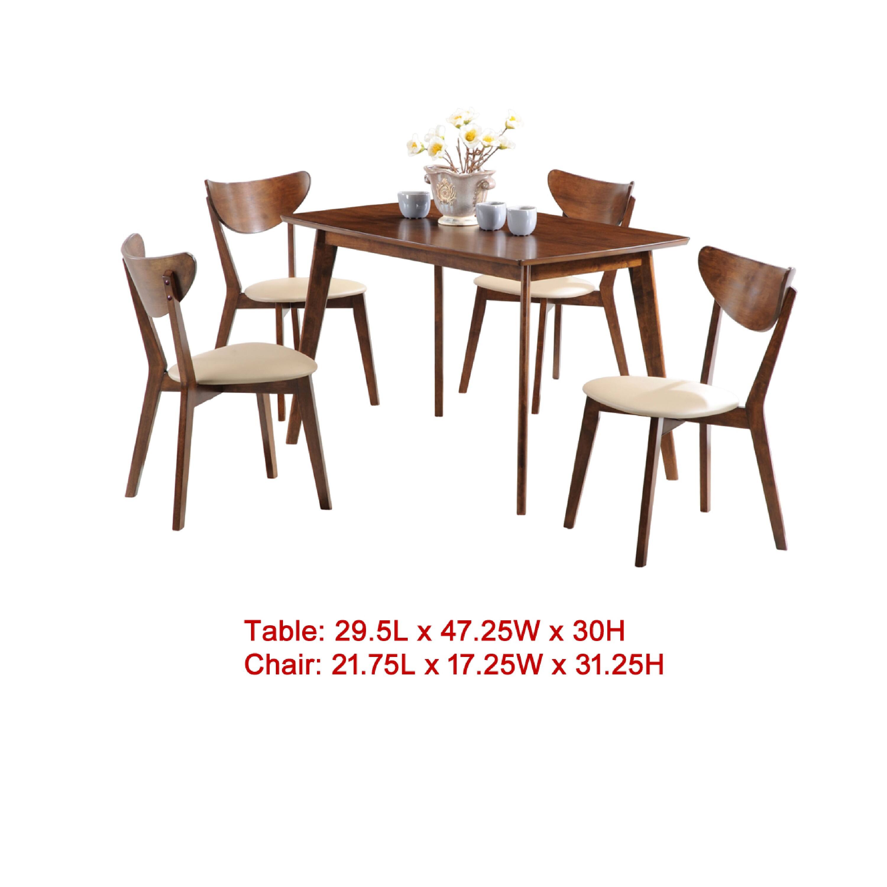 Table: 29.5L x 47.25W x 30H  
Chair: 21.75L x 17.25W x 31.25H