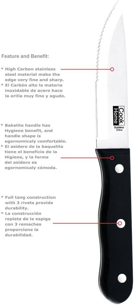 Feature and Benefit:
- High Carbon stainless steel material makes the edge very fine and sharp. El Carbon alto la materia inoxidable de acero hace la orilla muy fino y agudo.
- Bakelite handle has Hygiene benefit, and handle shape is ergonomically comfortable. El asidero de la baquelita tiene el beneficio de la Higiene, la forma del asidero es ergonómicamente cómoda.
- Full tang construction with 3 rivets provides durability. La construcción repleta de la espiga con 3 remaches proporciona la durabilidad.