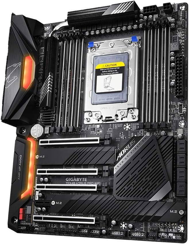 P:23  
CAUTION  
Slide out the External Cap before Fitting the CPU Carrier Frame with CPU  

GIGABYTE  
TRX4 AORUS PRO WIFI  

M.2  
M.2  
USB3.2  
USB3.2