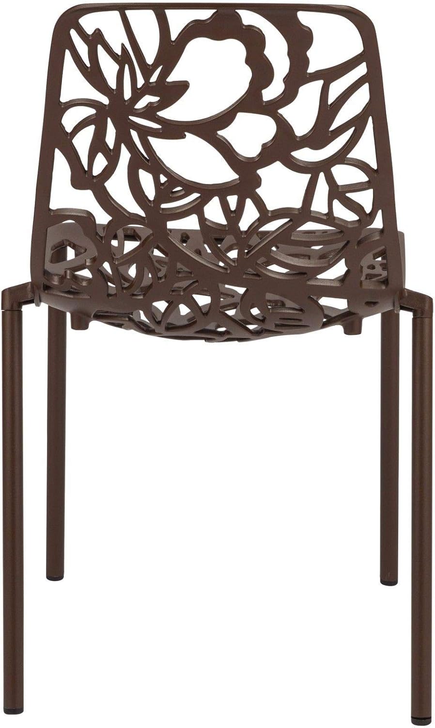 Back. LeisureMod - Devon (Set of 4) Modern Floral Stackable Aluminum Chair - Weather Resistant Indoor/Outdoor Dining Chair - Brown.