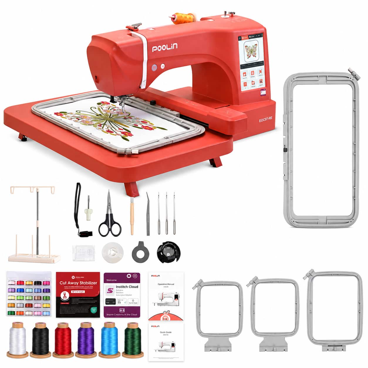 Poolin - EOC07-RedEdition 15" x 8" Huge Area Computerized Embroidery Machine with 4 Hoops, Starter Kit & Wifi for Home Business - Red