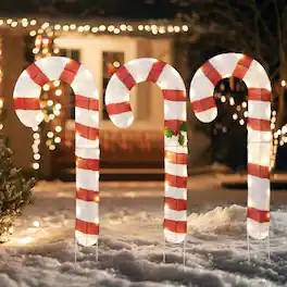 Gymax - Lighted Candy Canes Set of 3 Christmas Tinsel Candy Cane Decoration - Red, White