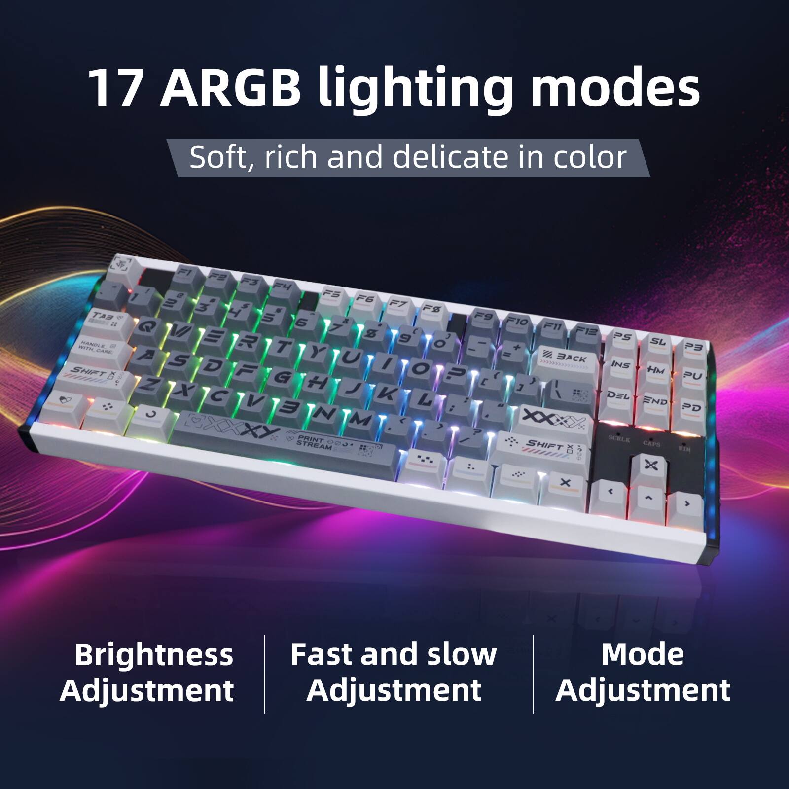 17 ARGB lighting modes  
Soft, rich and delicate in color  

Brightness Adjustment  
Fast and slow Adjustment  
Mode Adjustment