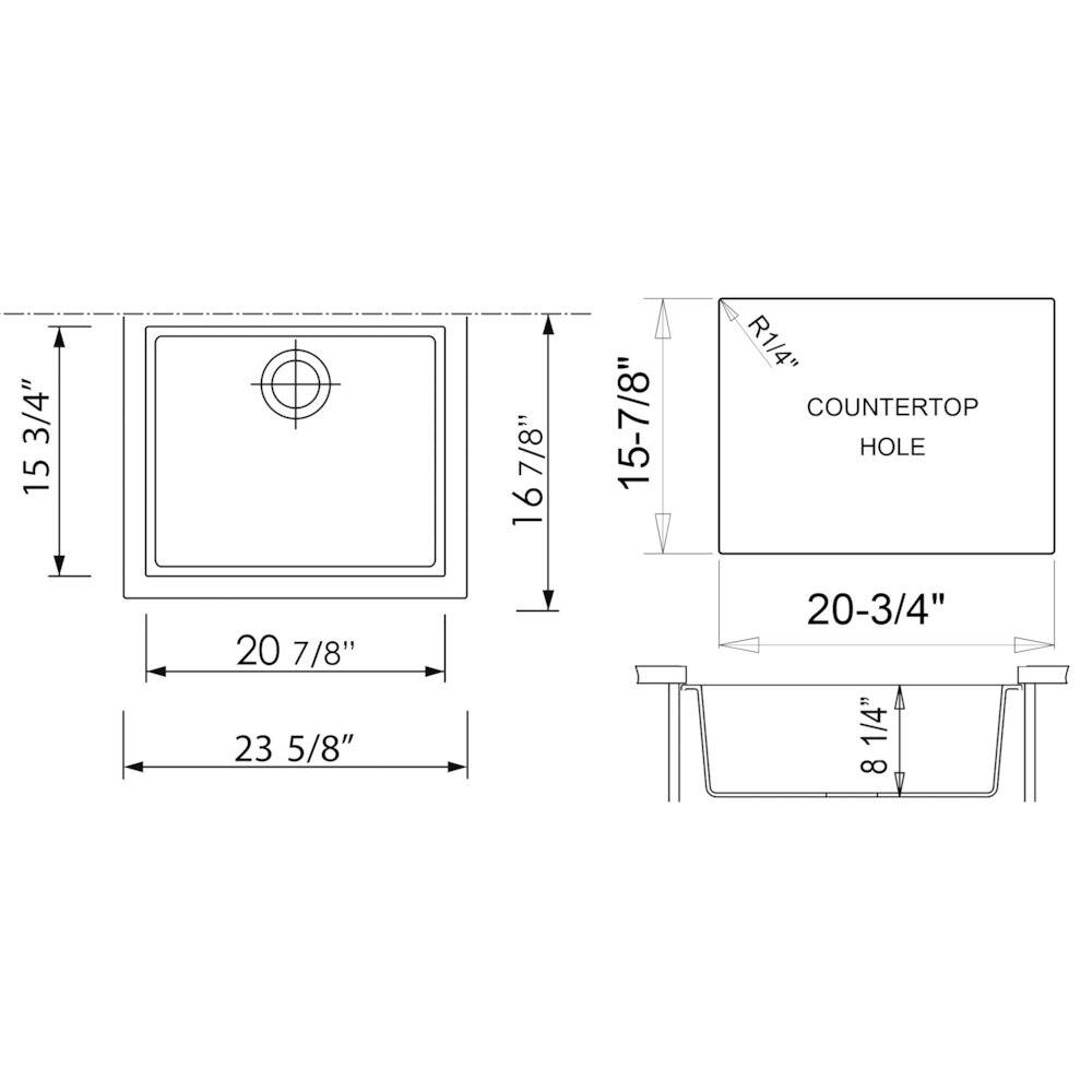 Sure, here is the corrected and grouped text from the image:

- **Dimensions:**
  - 15 3/4"
  - 16 7/8"
  - 15 7/8"
  - 20 7/8"
  - 23 5/8"
  - 20-3/4"
  - 8 1/4"

- **Hole Specifications:**
  - R1/4"
  - COUNTERTOP HOLE

- **Additional Notes:**
  - R1/4"
  - COUNTERTOP HOLE