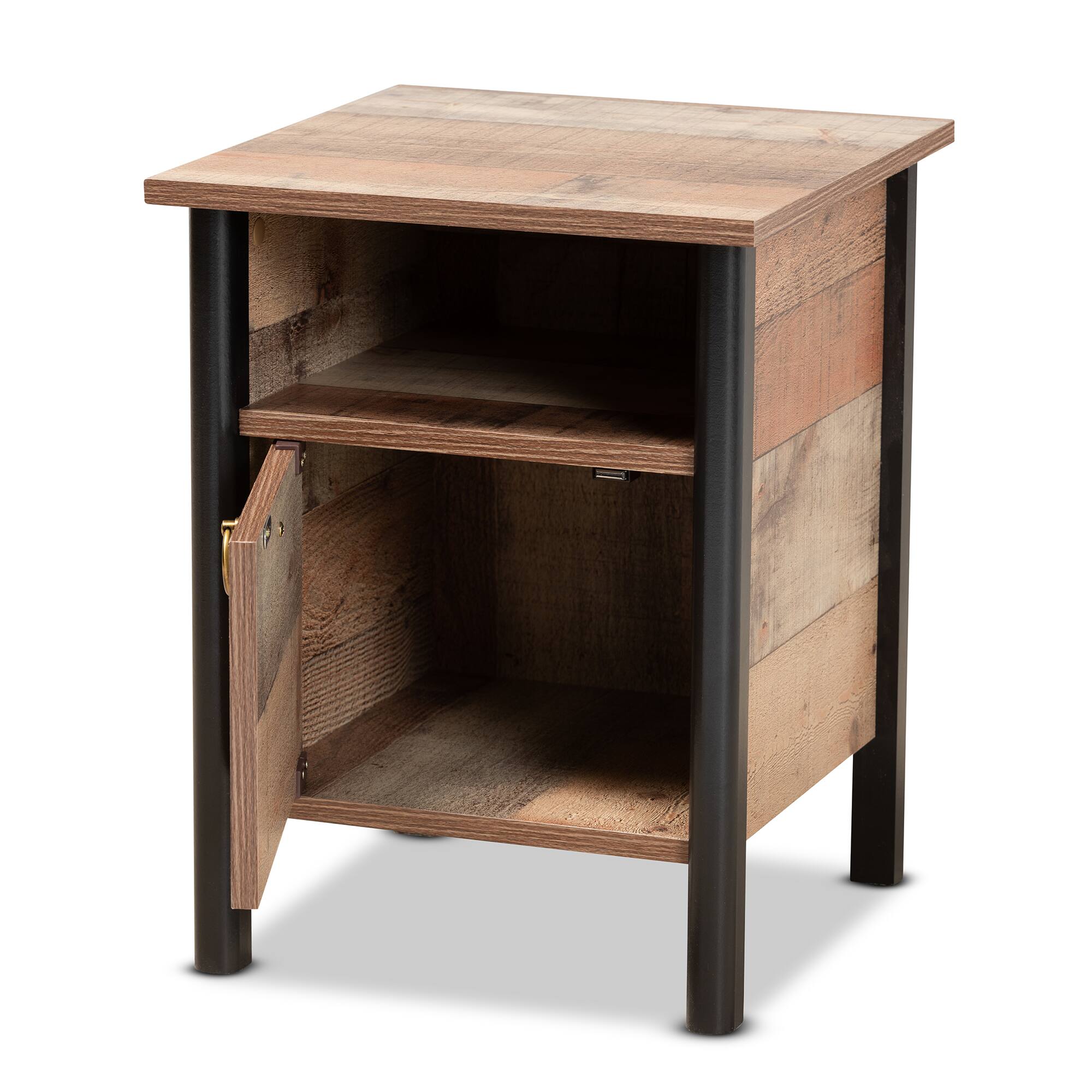 Angle. Baxton Studio - Vaughan Modern and Contemporary Rustic Finished Wood Nightstand - Oak Brown/Black.