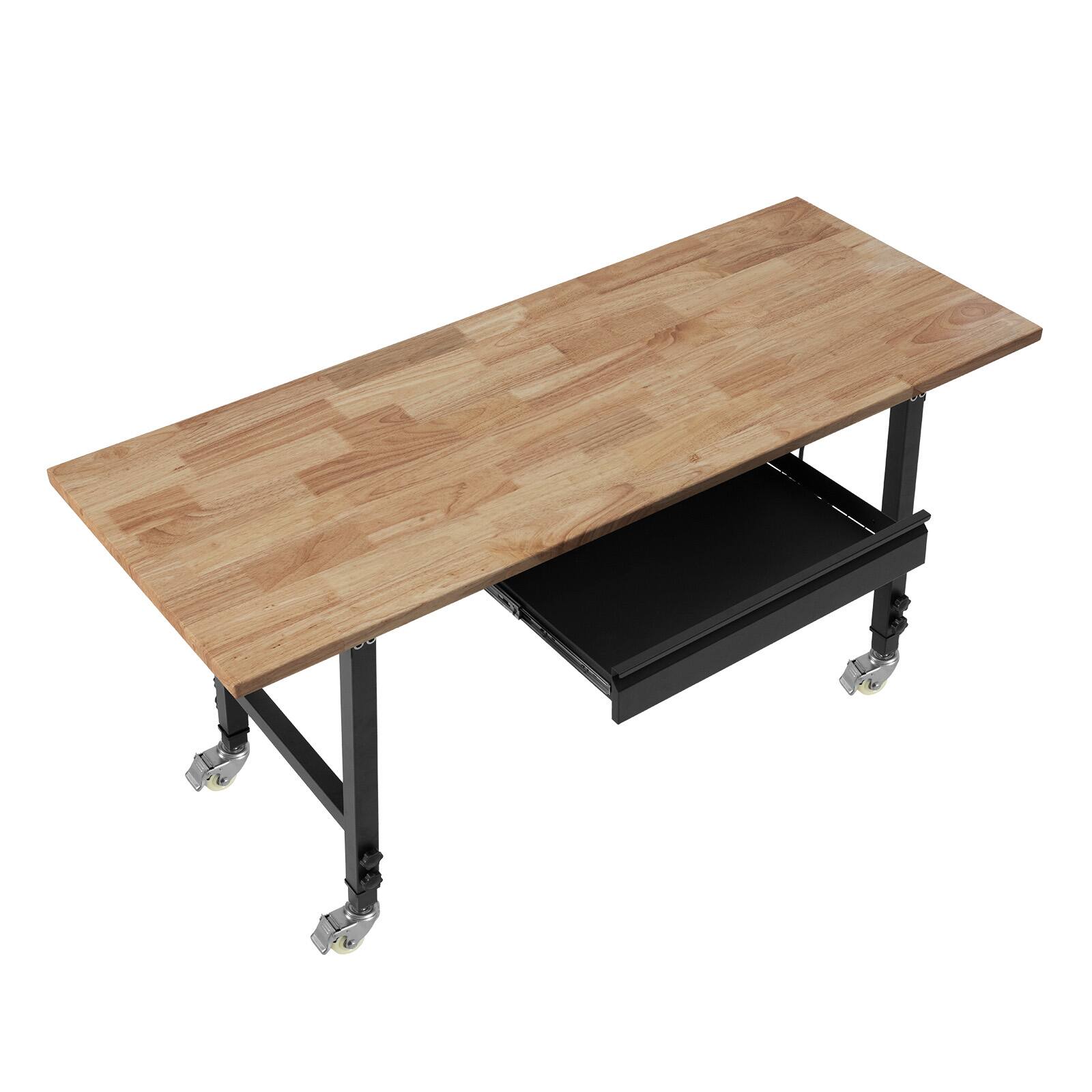 Alt View 5. VEVOR - Adjustable Workbench on Wheels, 2000 lbs Capacity, 60 x 24 Inch Oak Wood Top Workbench with Drawer & Power Outlets - Wood + Black.