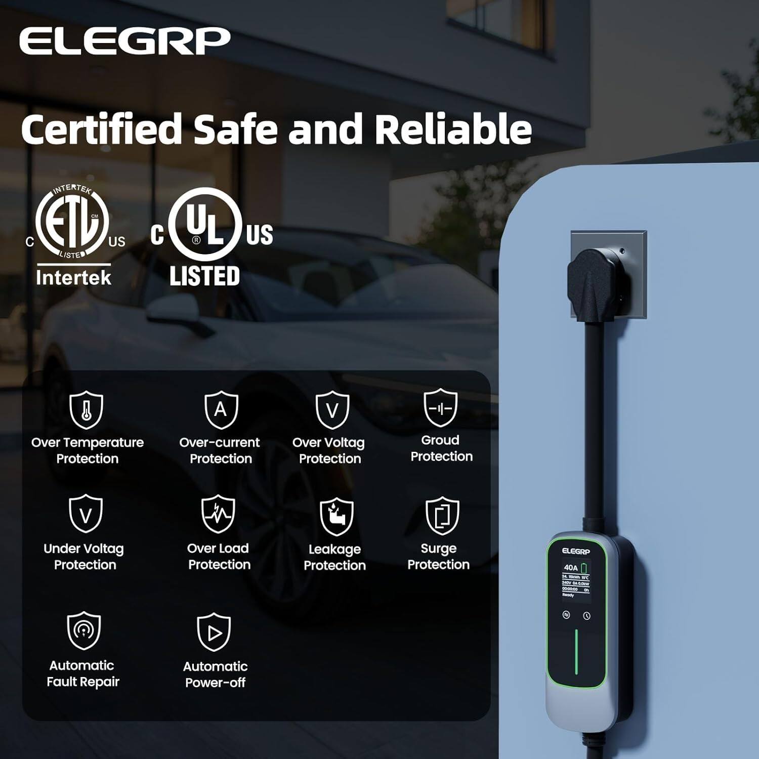 ELEGRP Electric Vehicle Charger 40A Level 2 Portable, EV Charger