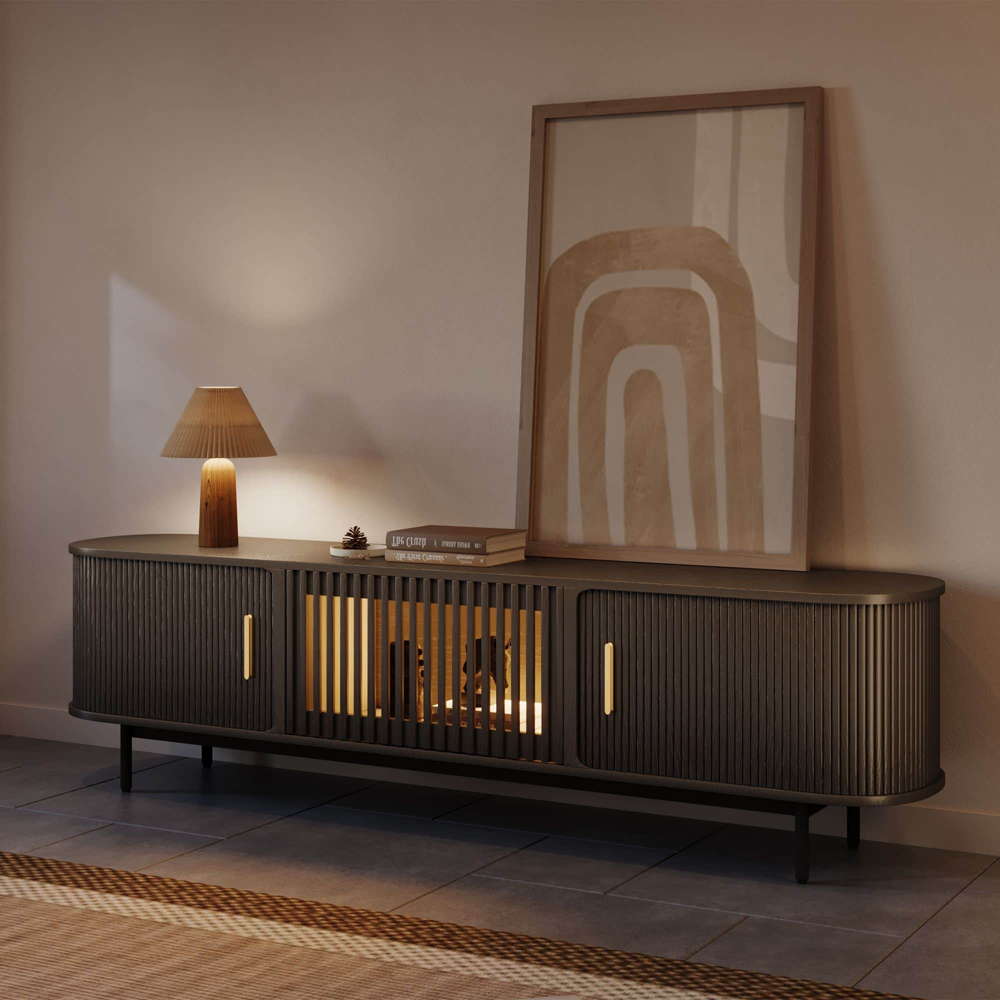 POVISON - 79"Mid-Century Modern Tambour Door TV Stand - Black with LED Lights