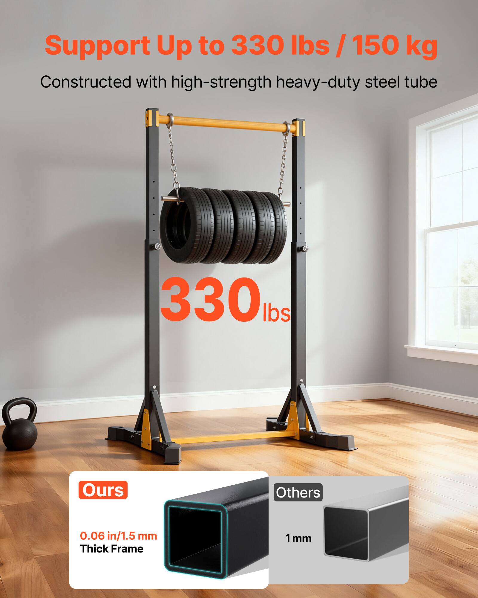 Support Up to 330 lbs / 150 kg  
Constructed with high-strength heavy-duty steel tube  

330 lbs  

Ours  
0.06 in / 1.5 mm Thick Frame  

Others  
1 mm