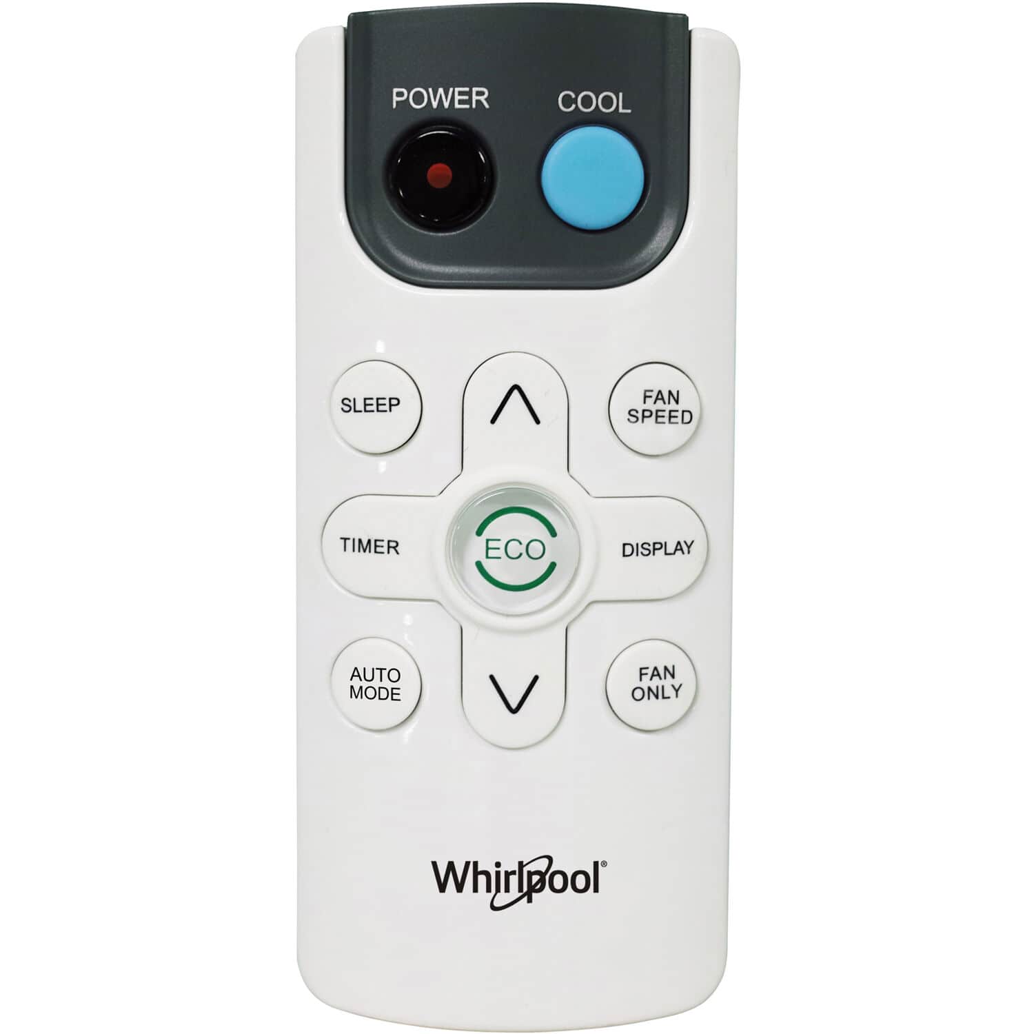 The image shows a white remote control with various buttons, including "Power," "Cool," "Sleep," "Fan Speed," "Timer," "Eco," "Display," "Auto Mode," and "Fan Only." The remote control is made by Whirlpool.