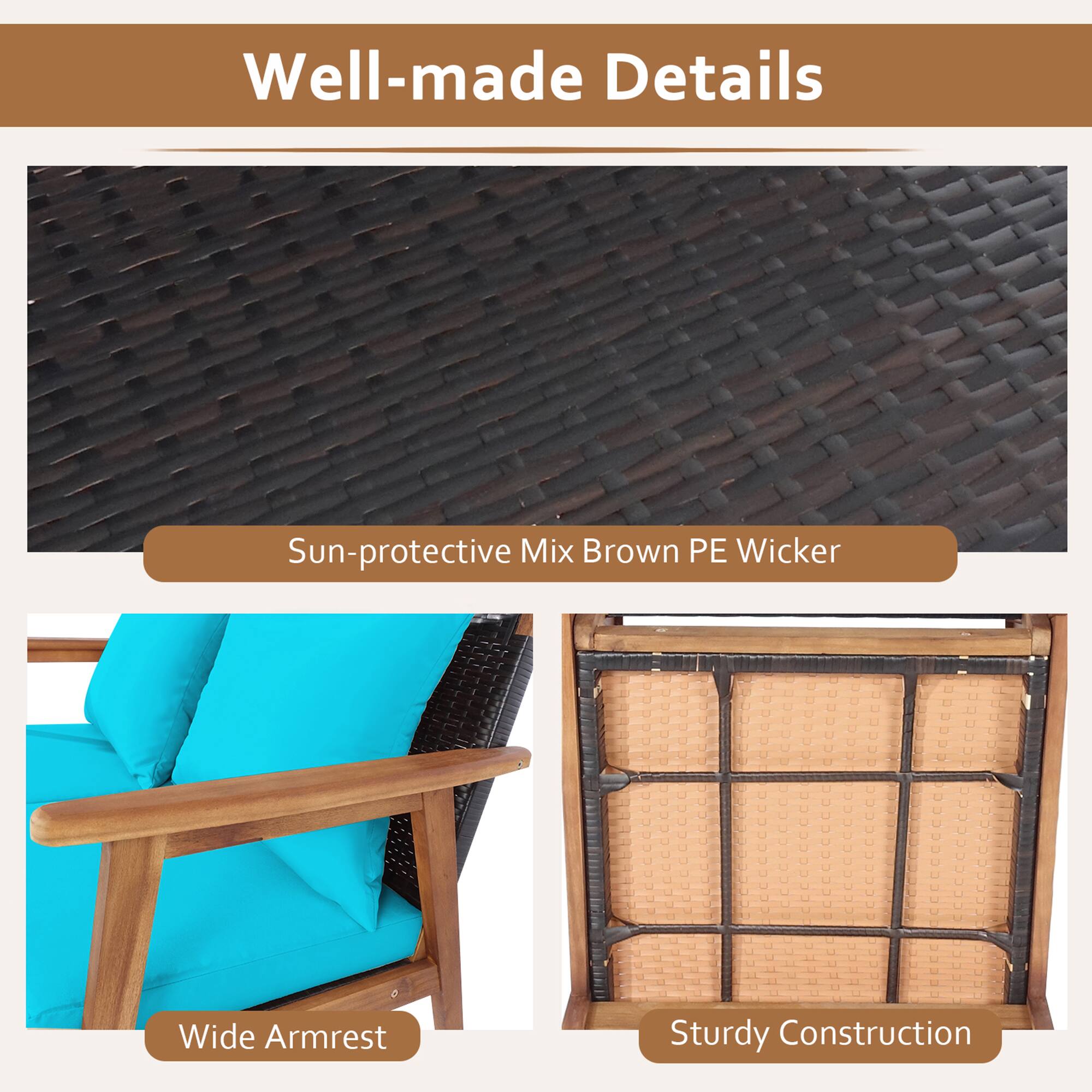 Well-made Details
Sun-protective Mix Brown PE Wicker
Wide Armrest
Sturdy Construction
