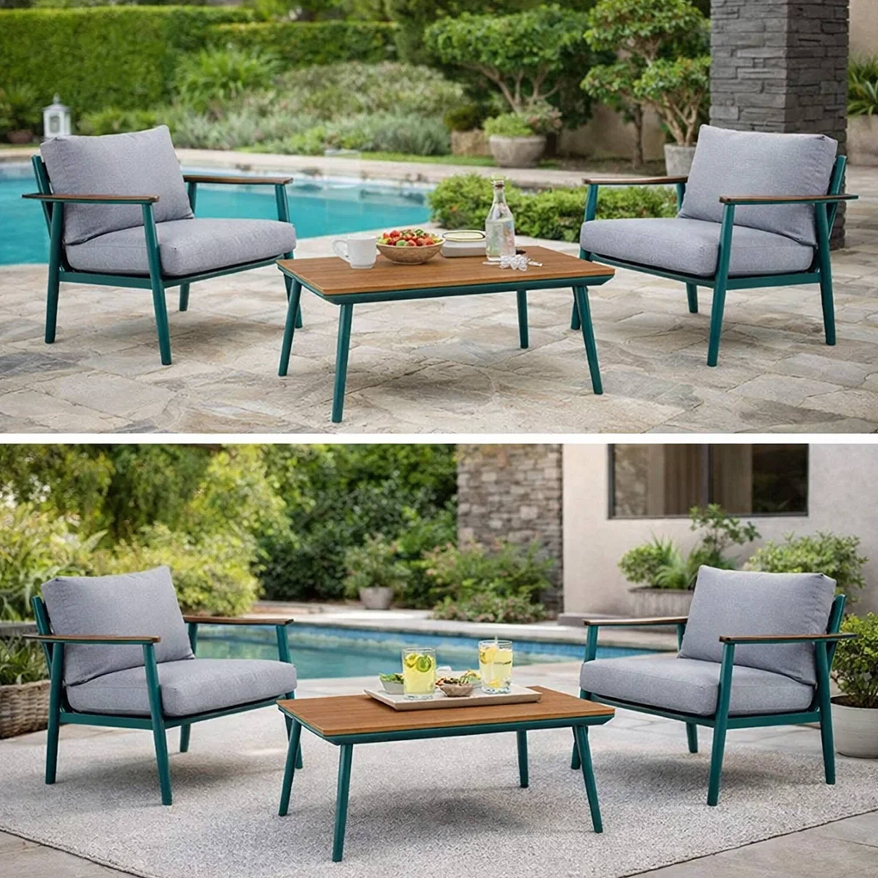 Alt View 7. Manhattan Lane - 3 Piece Outdoor Coffee Table and Chairs Set, Wood Planks, Gray, Green - Gray, Green, Brown.