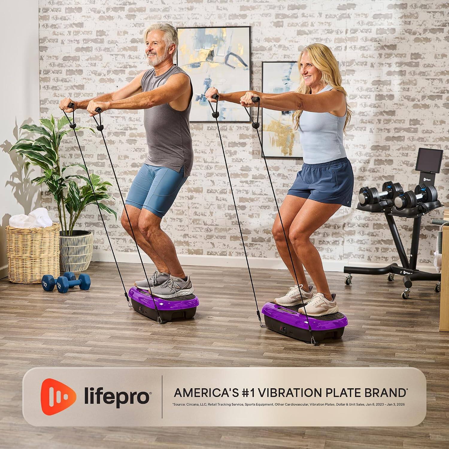 AMERICA'S #1 VIBRATION PLATE BRAND' lifepro  
"Source: Circana, LLC, Retail Tracking Service, Sports Equipment, Other Cardiovascular, Vibration Plates. Dollar & Unit Sales, Jan. 2023 - Jan. 2026