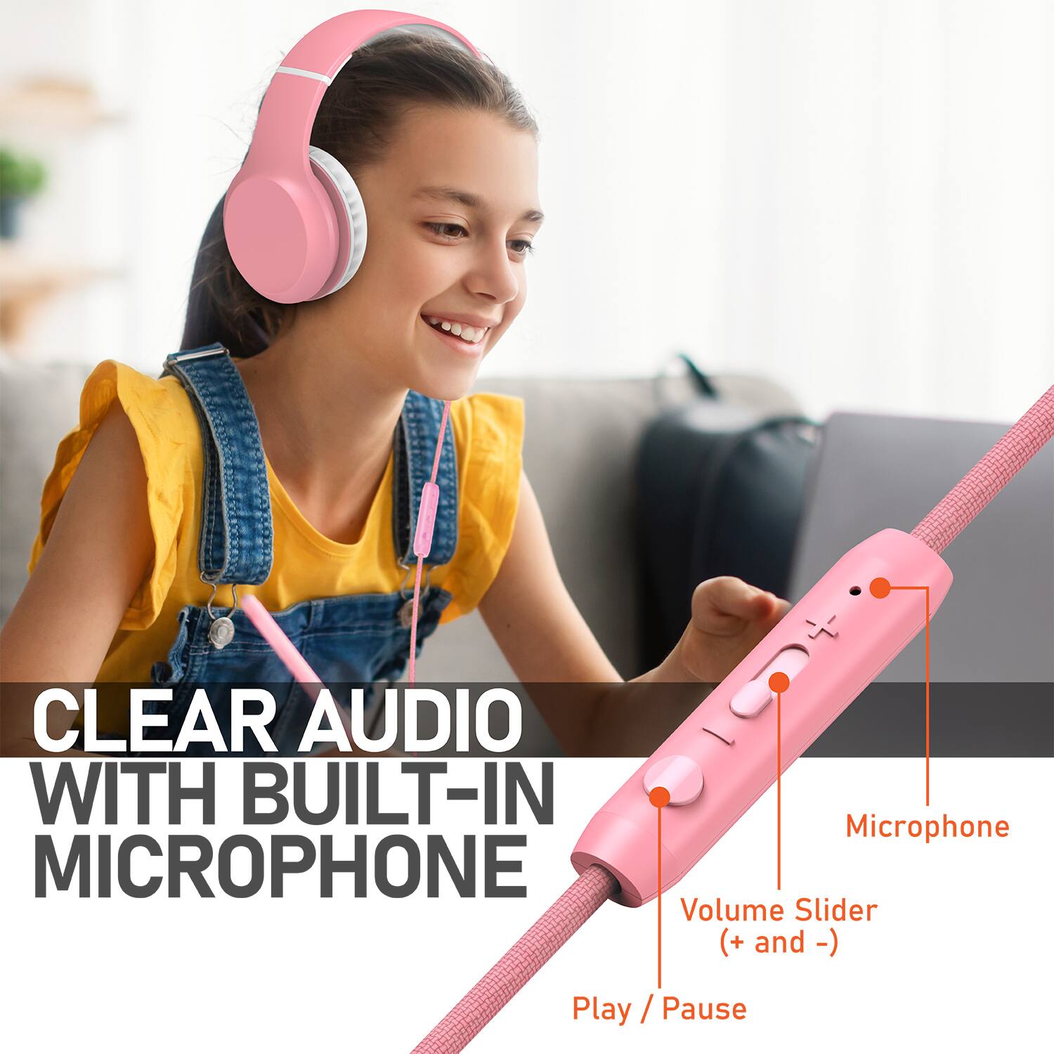 CLEAR AUDIO WITH BUILT-IN MICROPHONE Volume Slider (+ and -) Play / Pause