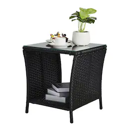 Winado - 18in Wicker Side Table with Tempered Glass Top, Storage Rattan End Table for Indoor Outdoor Garden Balcony Porch Deck - Black
