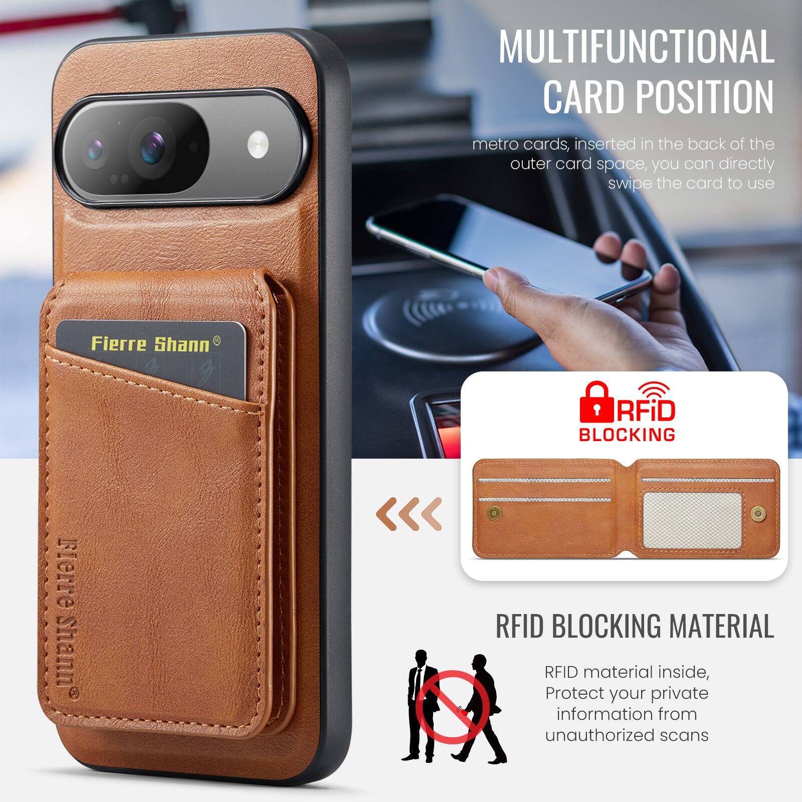 MULTIFUNCTIONAL CARD POSITION  
metro cards, inserted in the back of the outer card space, you can directly swipe the card to use  

Fierre Shann RFID BLOCKING  
RFID BLOCKING MATERIAL  
RFID material inside, Protect your private information from unauthorized scans