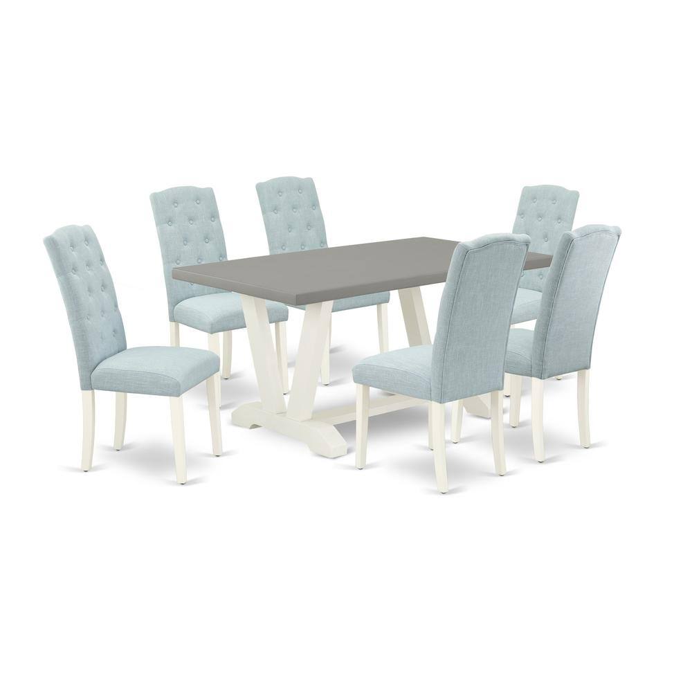 Left. East West Furniture - East West Furniture 7-Pc Modern Dining Set- 6 Dining Padded Chairs with Baby Blue Linen Fabric Seat and Button Tufted - Multi-Color.