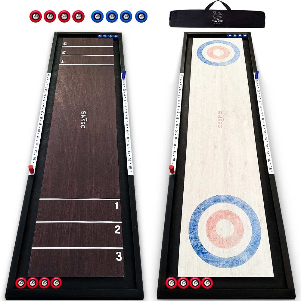 Swooc Games - 2-in-1 Premium Shuffleboard and Curling - 100% Solid Wood Shuffleboard Table (4ft) - 5+ Games - Tabletop Games Indoor - Brown