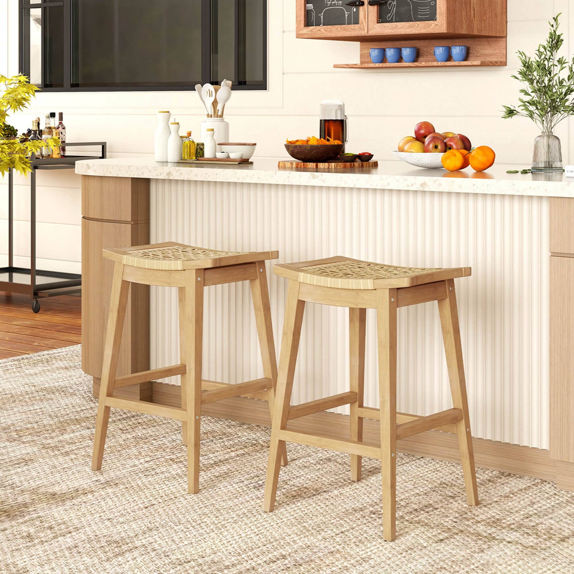 Alt View 3. Costway - Costway 1 PCS 29" Teak Wood Bar Stool with Footrest & Saddle Seat Boho Bar Height Stool - Natural.