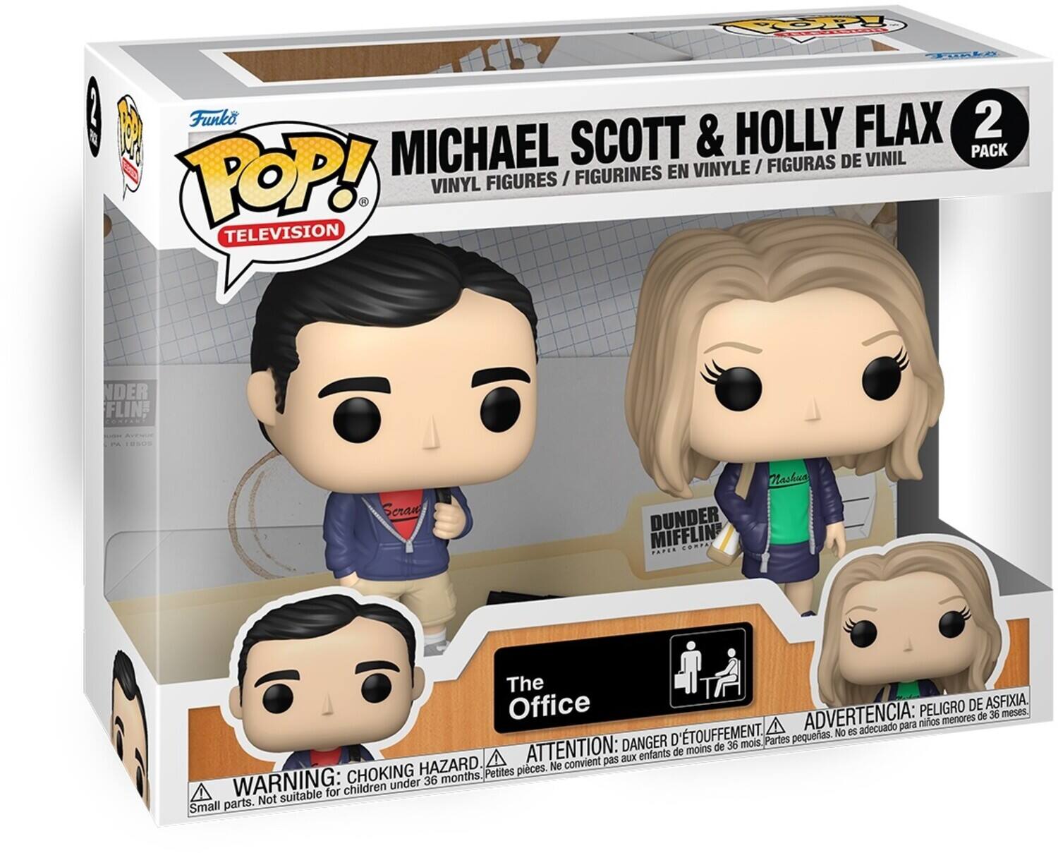 Sure, here is the corrected and grouped text from the image:

---

**Funko POP! TELEVISION**

**MICHAEL SCOTT & HOLLY FLAX**

**VINYL FIGURES / FIGURINES EN VINYLE / FIGURAS DE VINIL**

**2 PACK**

**The Office**

**WARNING: CHOKING HAZARD**  
Small parts. Not suitable for children under 36 months.  
**ATTENTION: DANGER D'ÉTOUFFEMENT**  
Partes pequeñas. No conviene para niños menores de 36 meses.  
**ADVERTENCIA: PELIGRO DE ASFIXIA**  
Pequeñas piezas. No es adecuado para niños menores de 36 meses.

---

**DUNDER MIFFLIN PAPER COMPANY**  
**Scranton**  
**Mashun**