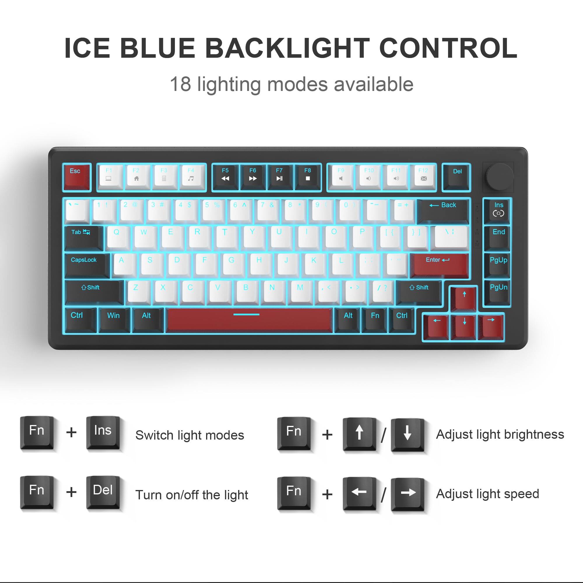 ICE BLUE BACKLIGHT CONTROL  
18 lighting modes available  

Esc F1 F2 F3 F4 F5 F6 F7 F8 F9 F10 F11 F12  
Del 1 2 3 4 5 6 7 8 9 0 - = Back Ins End  
Tab Q W E R T Y U I O P [ ] \ CapsLock  
A S D F G H J K L ; ' Enter  
Shift Z X C V B N M , . /  
Shift PgUp PgDn Ctrl Win Alt Fn  

Fn + Ins Switch light modes  
Fn + ↑/↓ Adjust light brightness  
Fn + Del Turn on/off the light  
Fn + ←/→ Adjust light speed