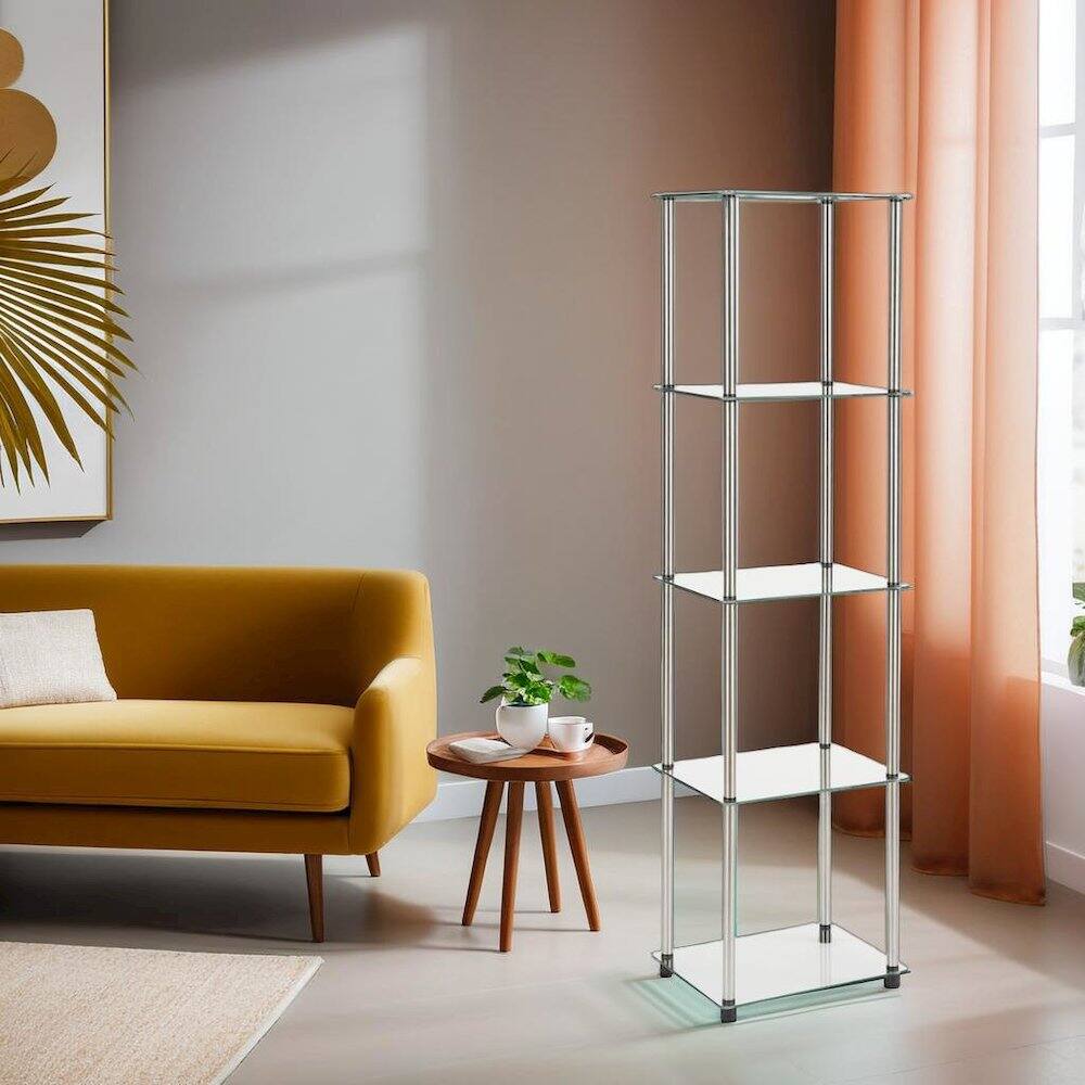 Left. FurniFact - Clear 5-Tier Tempered Glass Tower, Elegant Display Stand for Modern Interiors - Glass.