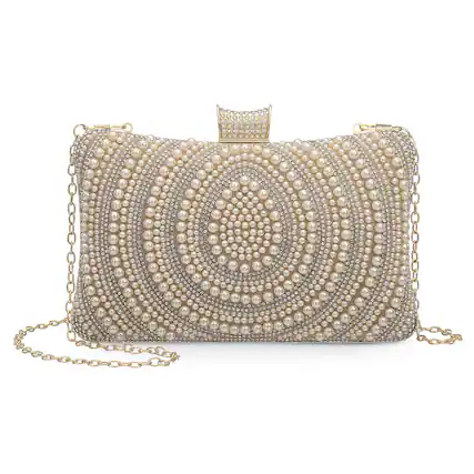 Front. Unique Bargains - Evening Bag for Women, Pearl Shiny Sequin Evening Clutch Wedding Purse for Bride Party Formal - Champagne.