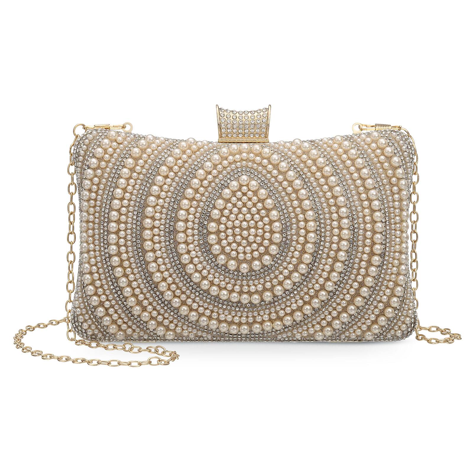 Front. Unique Bargains - Evening Bag for Women, Pearl Shiny Sequin Evening Clutch Wedding Purse for Bride Party Formal - Champagne.