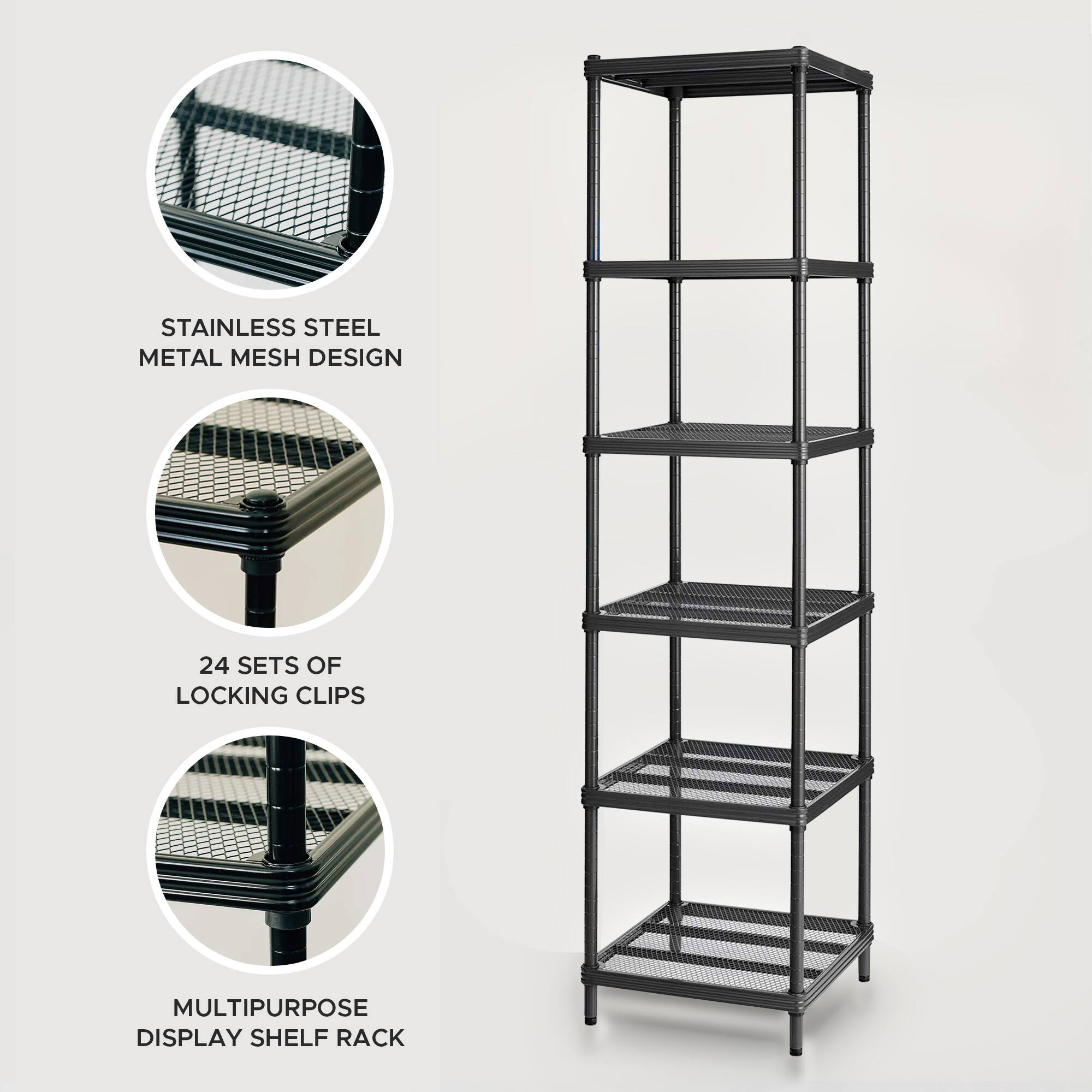 - Stainless Steel Metal Mesh Design
- 24 Sets of Locking Clips
- Multipurpose Display Shelf Rack