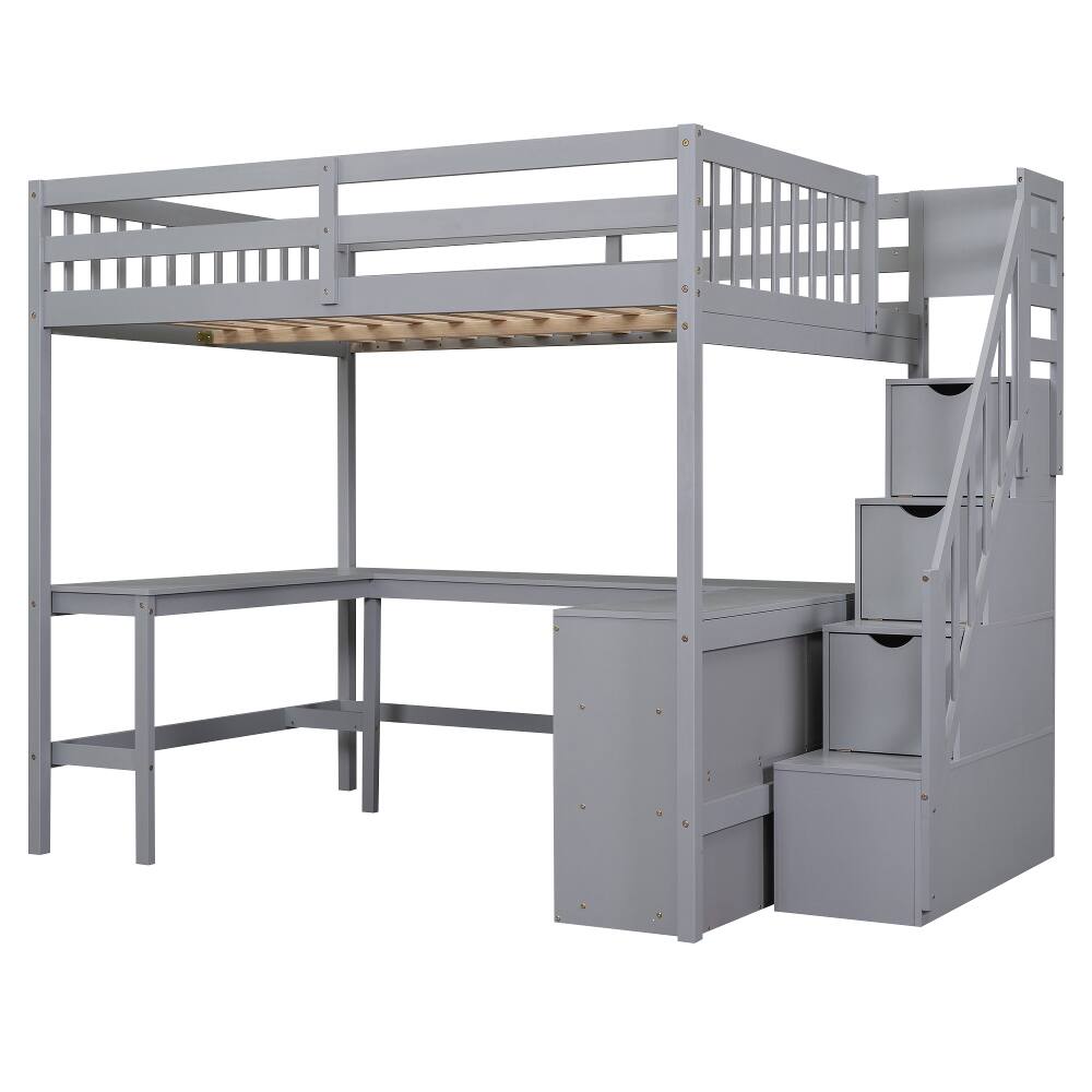 Alt View 6. Loheer - Loheer Full Size Loft Bed with Desk, Gray Loft Bed with Storage Stairs and Shelves, Pine Wood - Gray.
