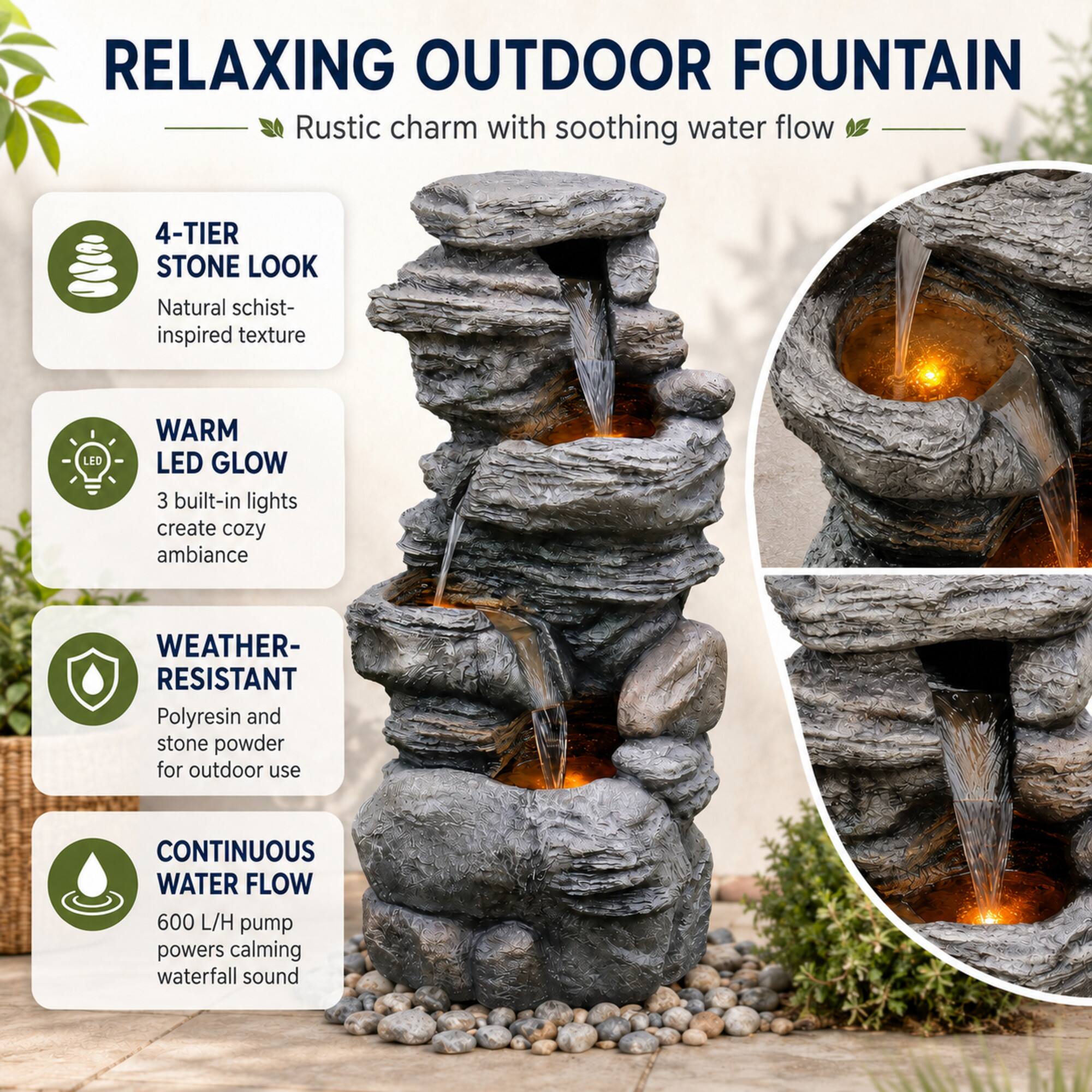 RELAXING OUTDOOR FOUNTAIN  
Rustic charm with soothing water flow

4-TIER STONE LOOK  
Natural schist-inspired texture

WARM LED GLOW  
3 built-in lights create cozy ambiance

WEATHER-RESISTANT  
Polyresin and stone powder for outdoor use

CONTINUOUS WATER FLOW  
600 L/H pump powers calming waterfall sound