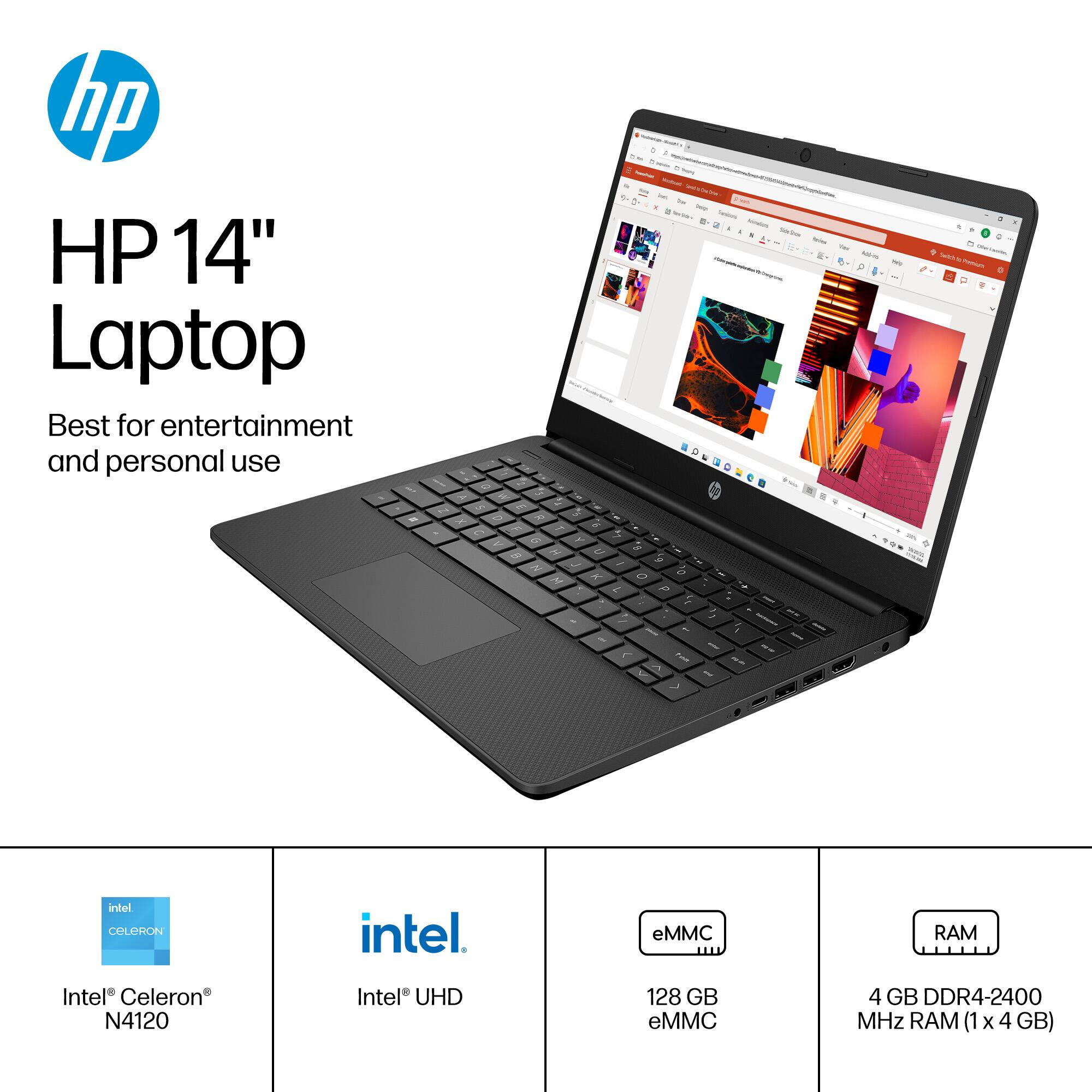 hp HP 14" Laptop Best for entertainment and personal use - - -. . - - 20 - 1 -  - M . . d . a . - -  - T - - -  - K 2 a - 2 P -  1 1 - - ~ 1 - - L - a - - 1 - 1 - - + - 4 - - + - - intel CeLORON intel. eMMC RAM Intel Celeron N4120 Intel UHD 128 GB eMMC 4 GB DDR4-2400 MHz RAM (1 x 4 GB)