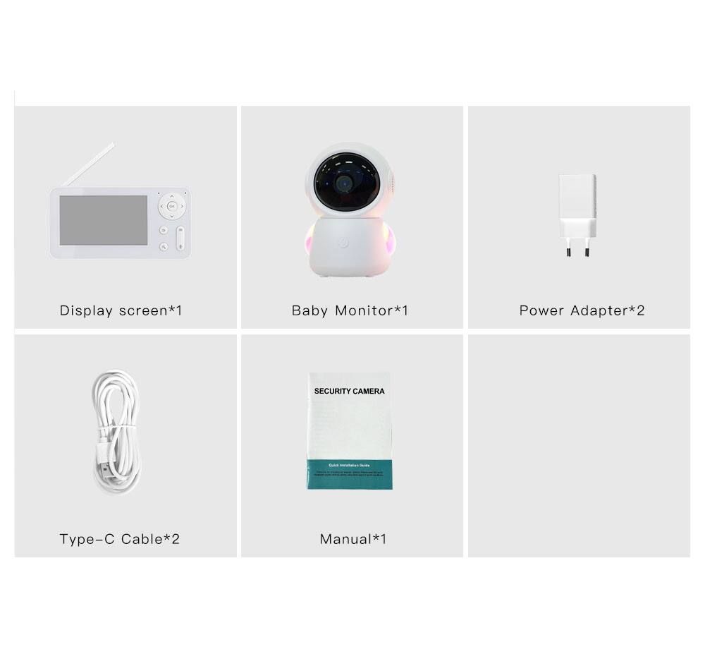 - Display screen*1
- Baby Monitor*1
- Power Adapter*2
- Type-C Cable*2
- Manual*1