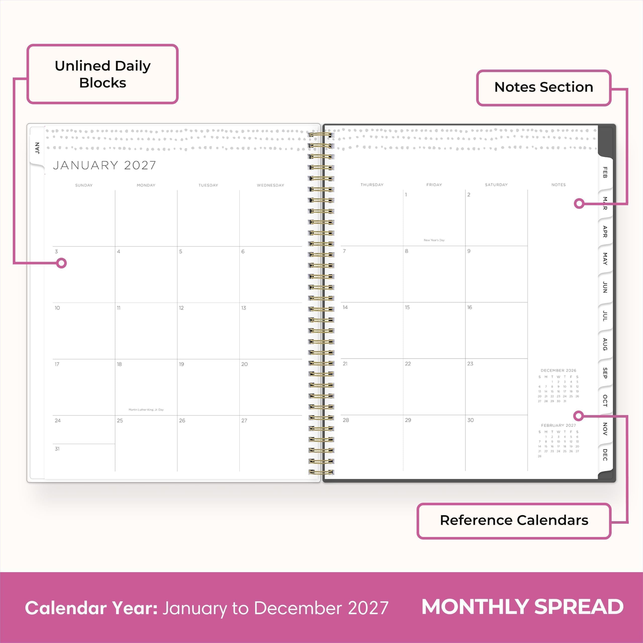 Unlined Daily Blocks

Notes Section

JANUARY 2027
SUNDAY MONDAY TUESDAY WEDNESDAY THURSDAY FRIDAY SATURDAY
3 4 5 6 7 8 9
10 11 12 13 14 15 16
17 18 19 20 21 22 23
24 25 26 27 28 29 30
31

NOTES

Reference Calendars

Calendar Year: January to December 2027

MONTHLY SPREAD