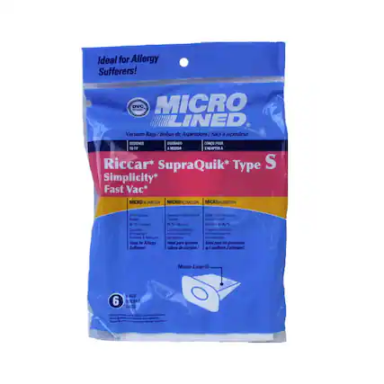 Ideal for Allergy Sufferers!
MICRO LINED
Vacuum Bags / Bolsas de Aspiradora / Sacs à aspirateur
DESIGNED TO FIT
Riccar* SupraQuik* Type S
Simplicity* Fast Vac*
MICRO-FILTRATION
2-Stage Filtration System
98.7% Filtration
Captures Particles & Allergens
Ideal for Allergy Sufferers!
Micro-Liner®
6 BAGS / BOLSAS / SACS