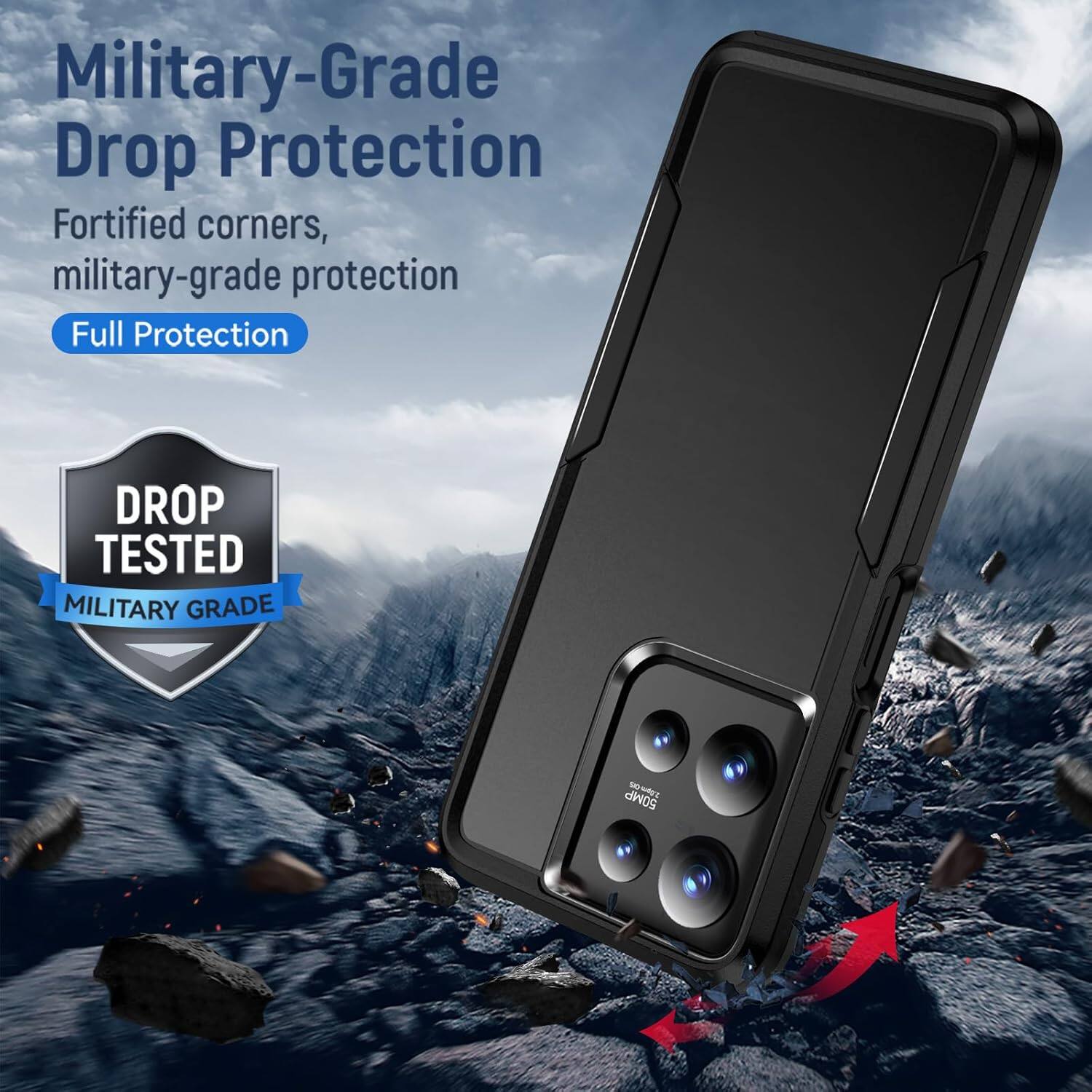 Military-Grade Drop Protection  
Fortified corners, military-grade protection  
Full Protection  

DROP TESTED  
MILITARY GRADE